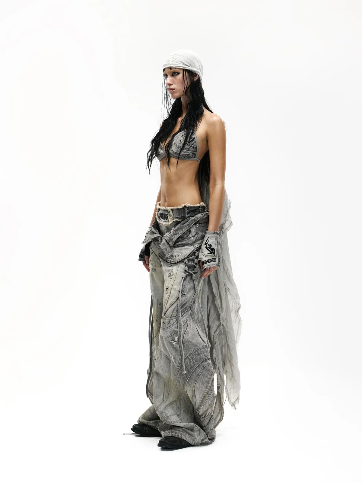 Deconstructed Flared Patchwork Denim Jeans White(HL6380) - Image 10