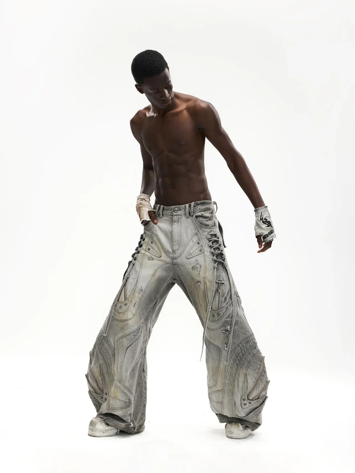Deconstructed Flared Patchwork Denim Jeans White(HL6380) - Image 3