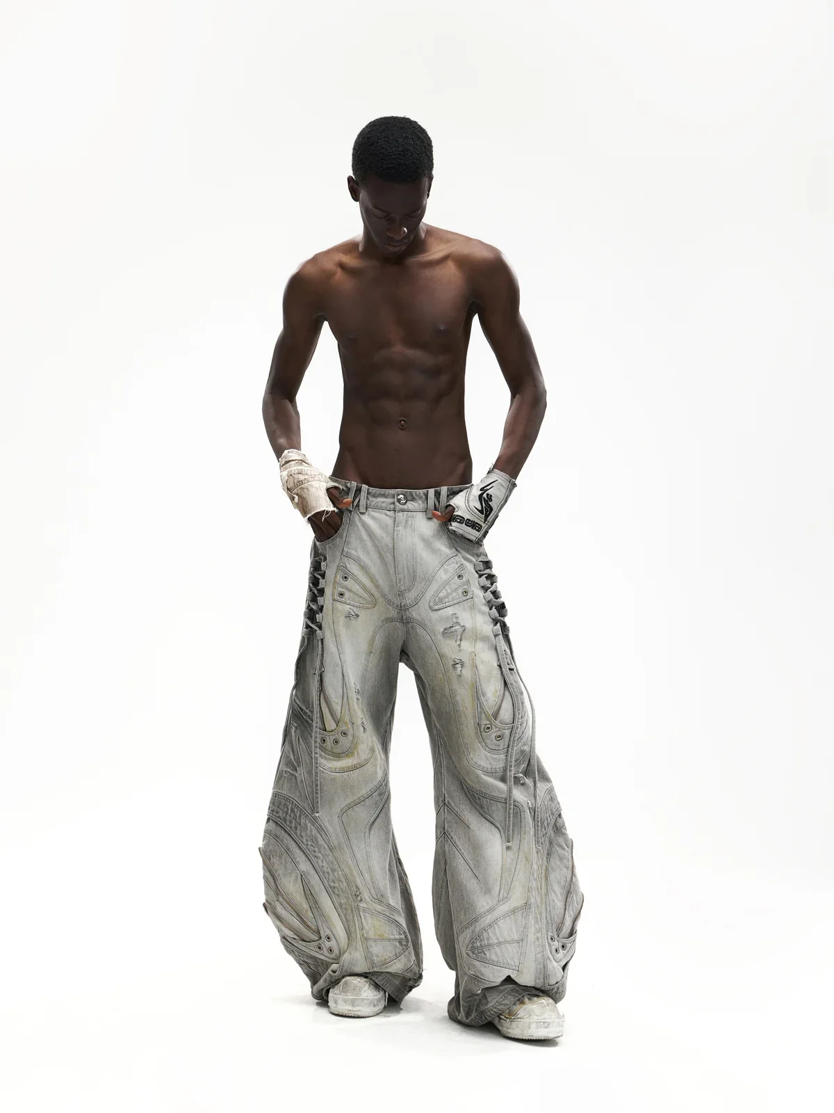 Deconstructed Flared Patchwork Denim Jeans White(HL6380) - Image 5