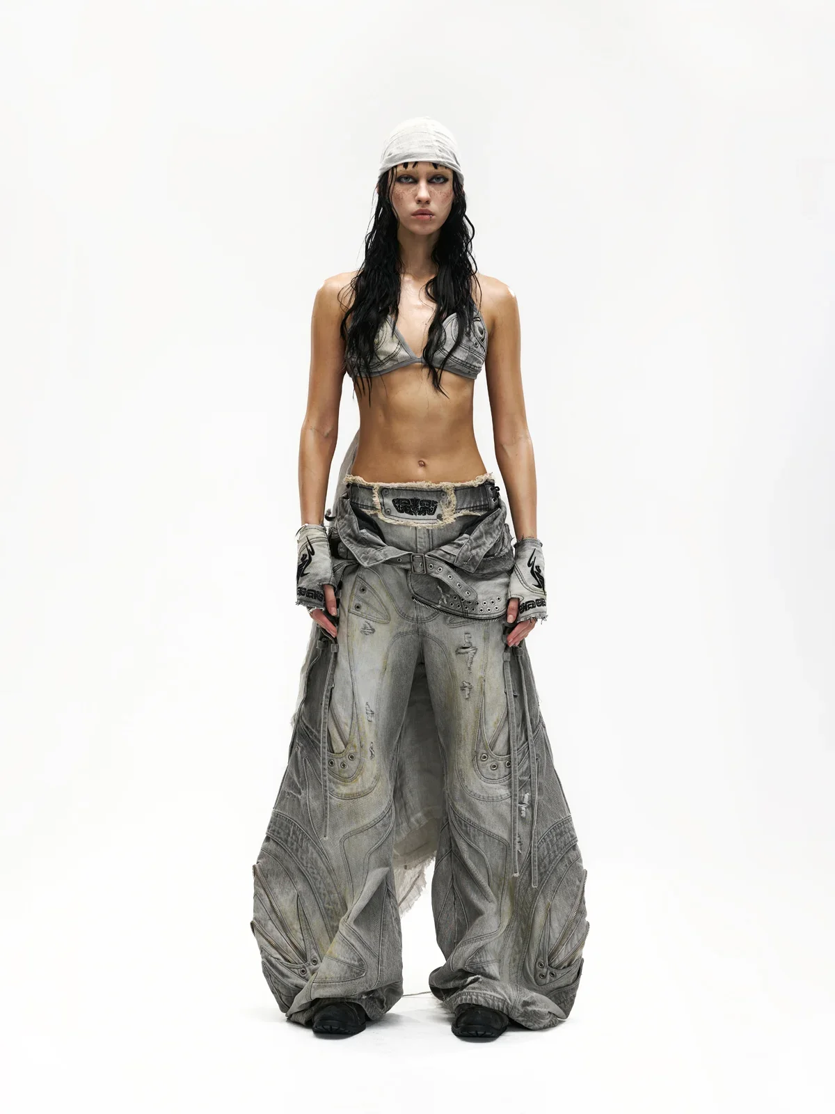 Deconstructed Flared Patchwork Denim Jeans White(HL6380) - Image 8