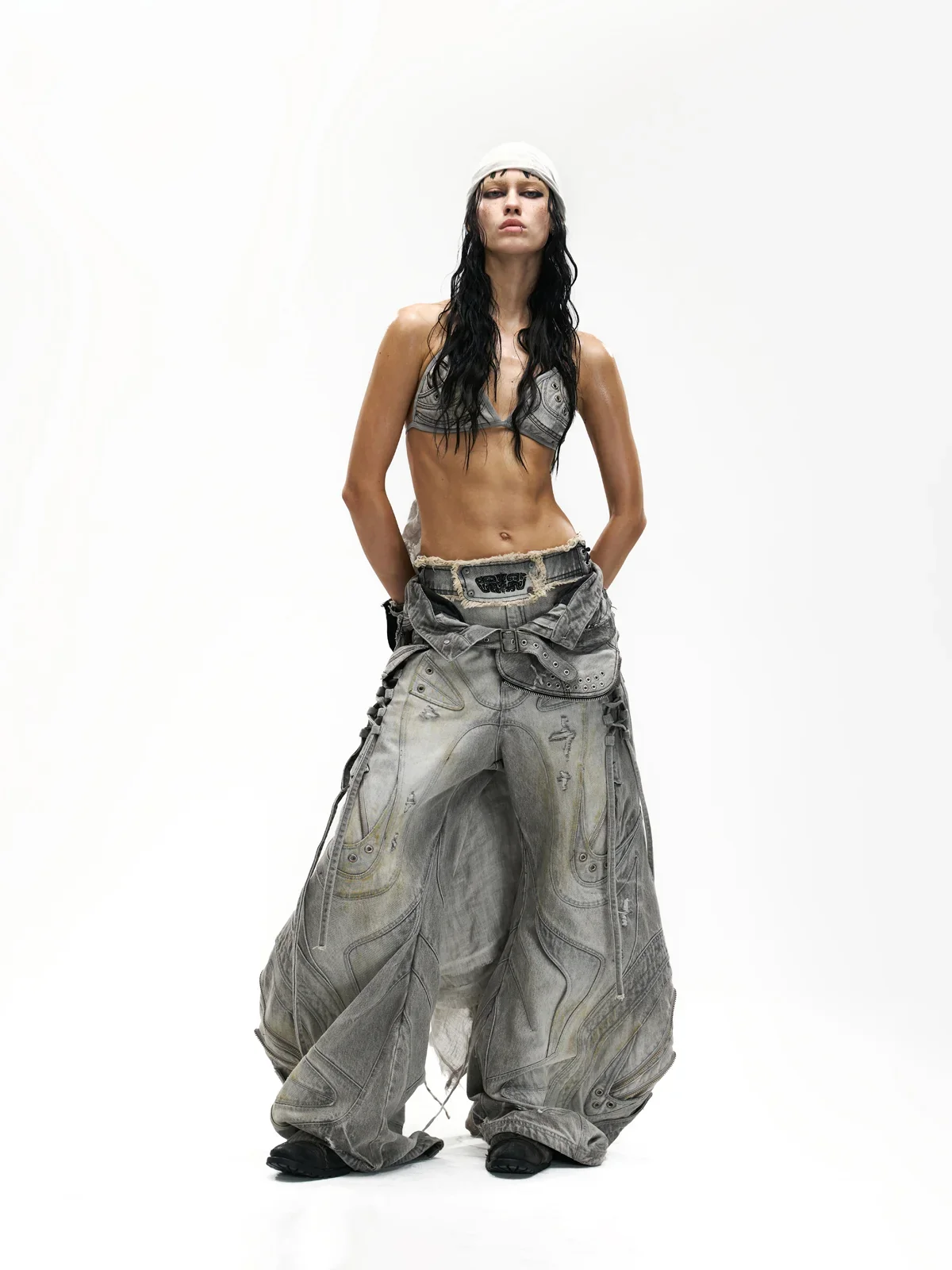 Deconstructed Flared Patchwork Denim Jeans White(HL6380) - Image 9