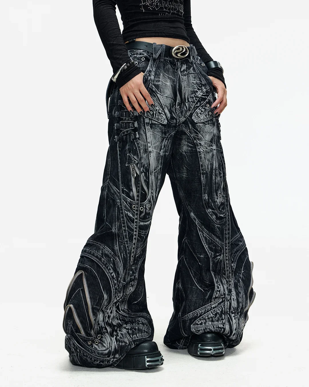 Deconstructed Flared Patchwork Denim Jeans Black - Image 10