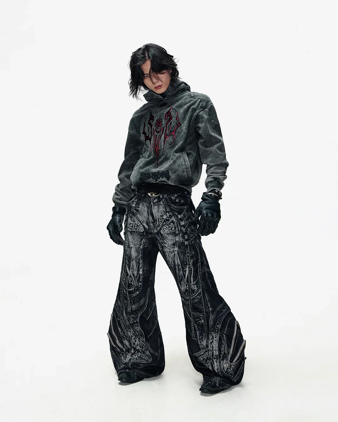 Deconstructed Flared Patchwork Denim Jeans Black - Image 18