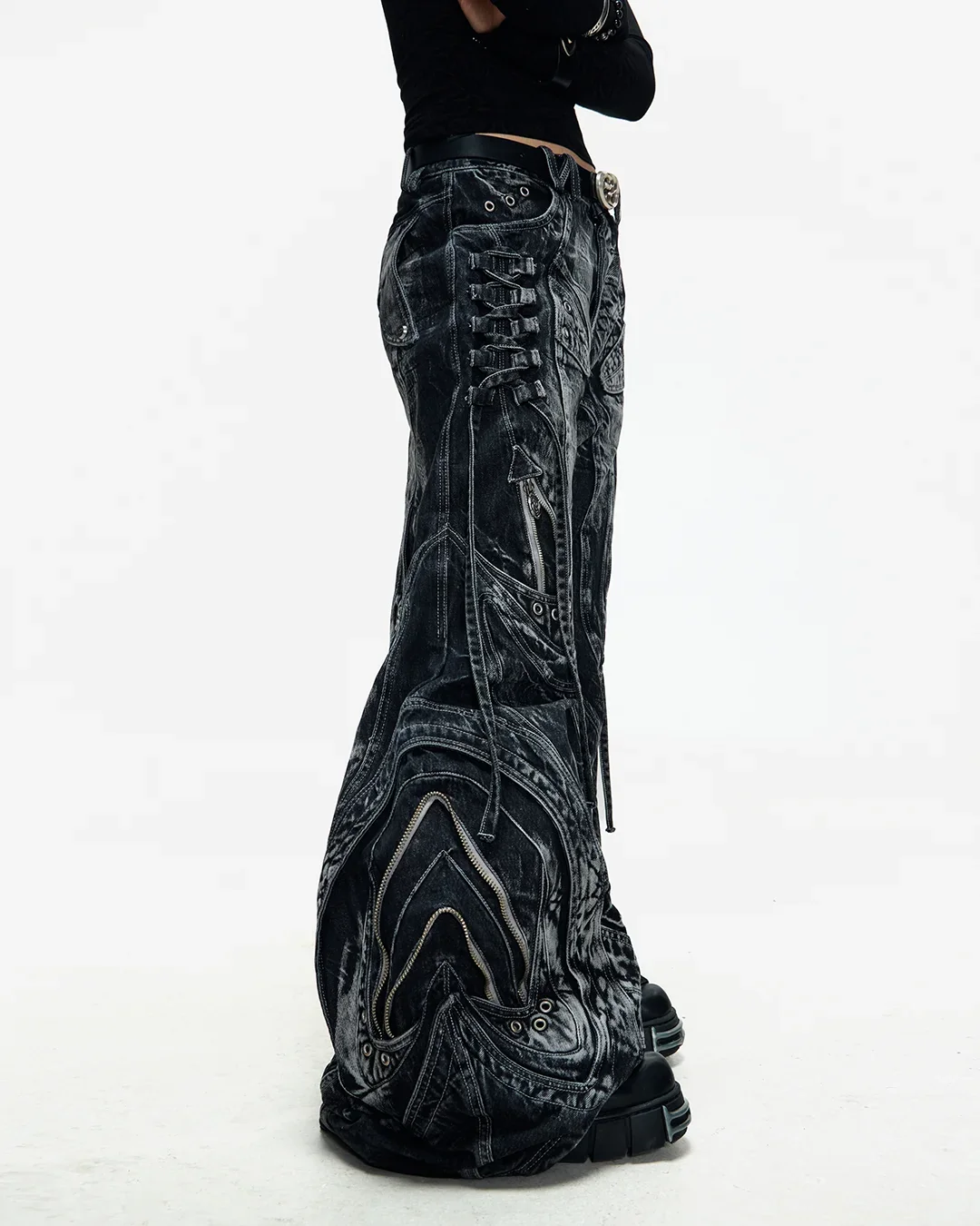 Deconstructed Flared Patchwork Denim Jeans Black - Image 4