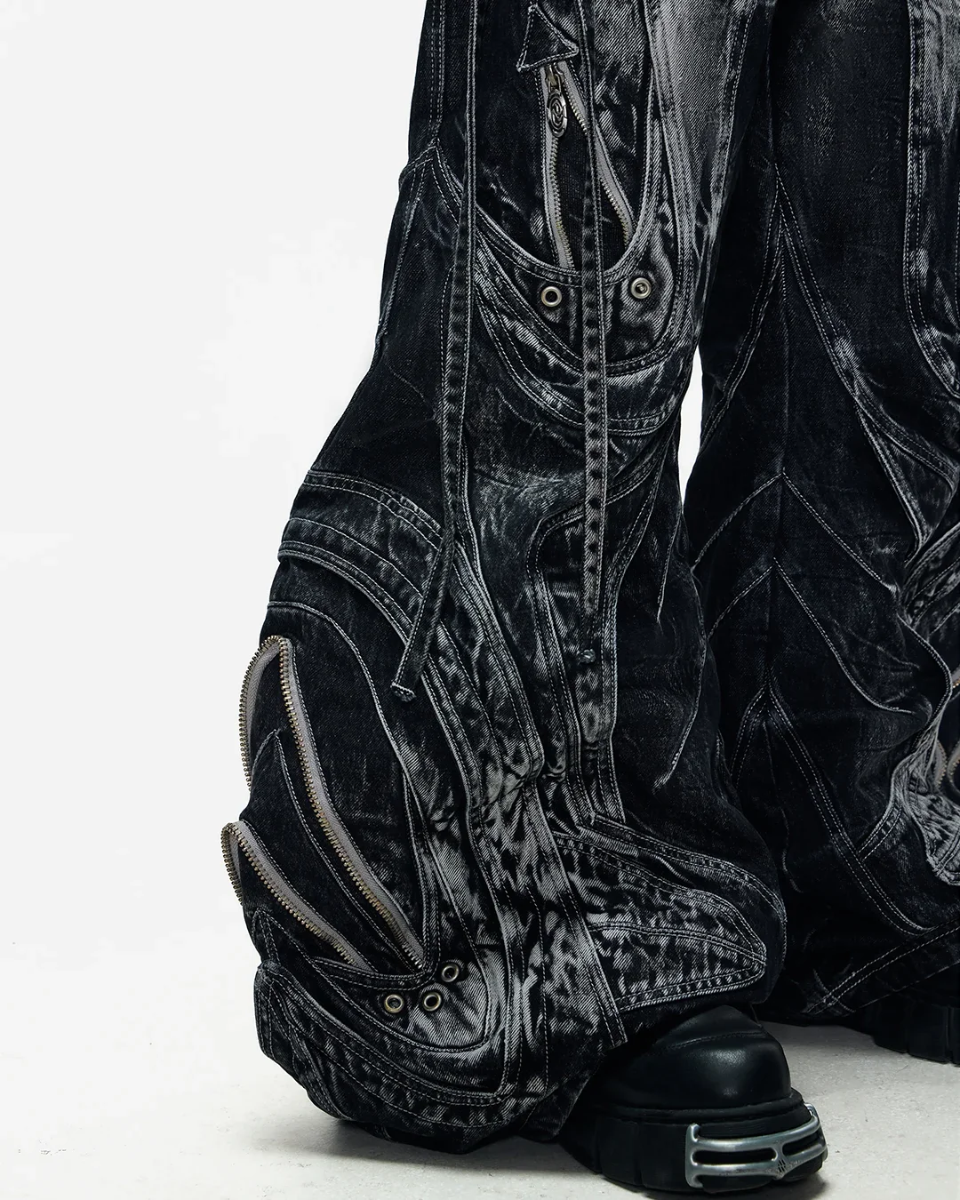 Deconstructed Flared Patchwork Denim Jeans Black - Image 6