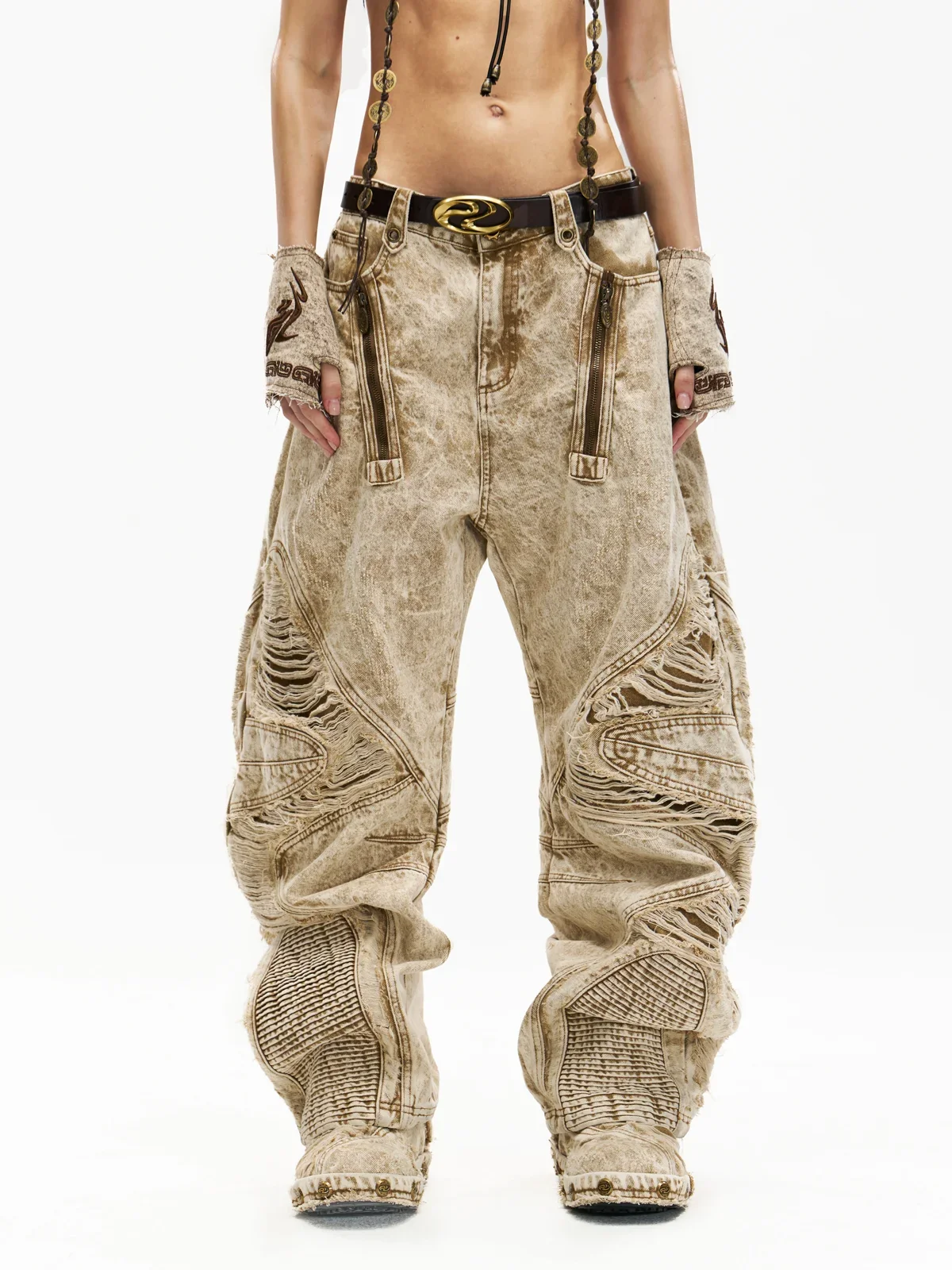 Distressed Apricot Baggy Denim Jeans