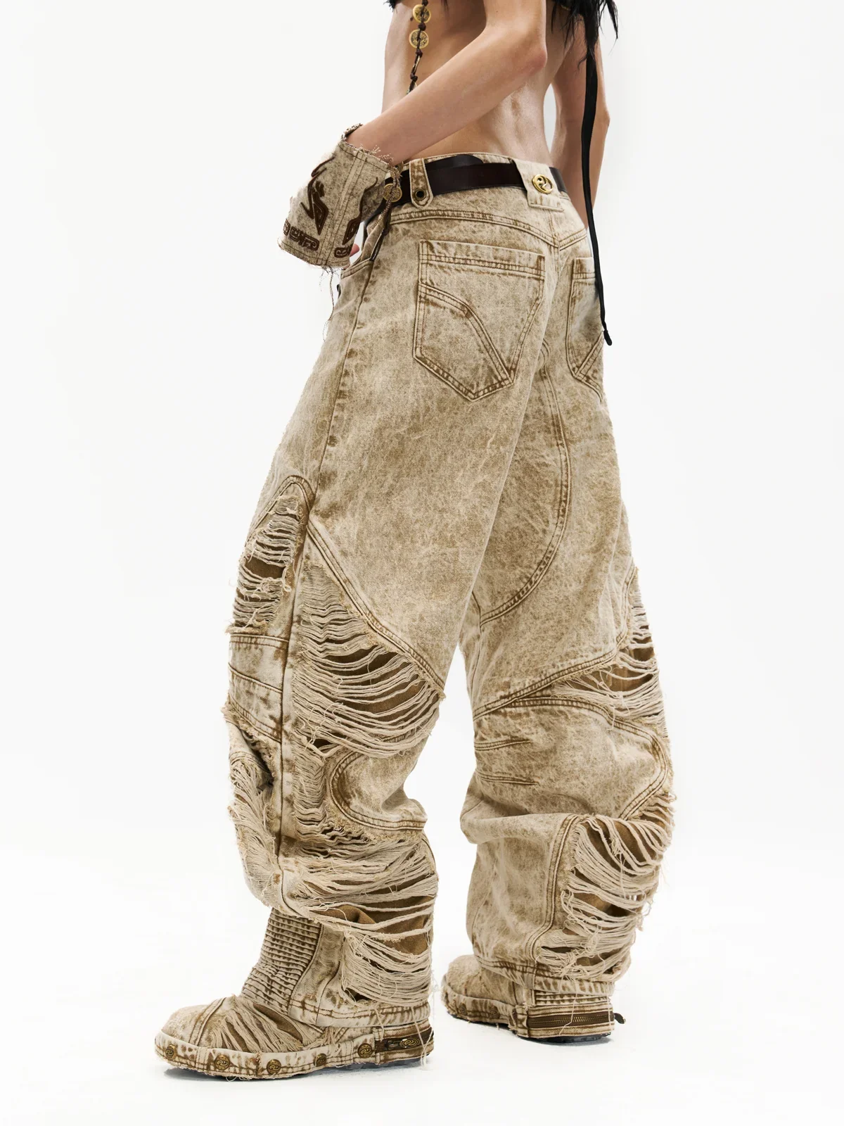 Distressed Apricot Baggy Denim Jeans - Image 3