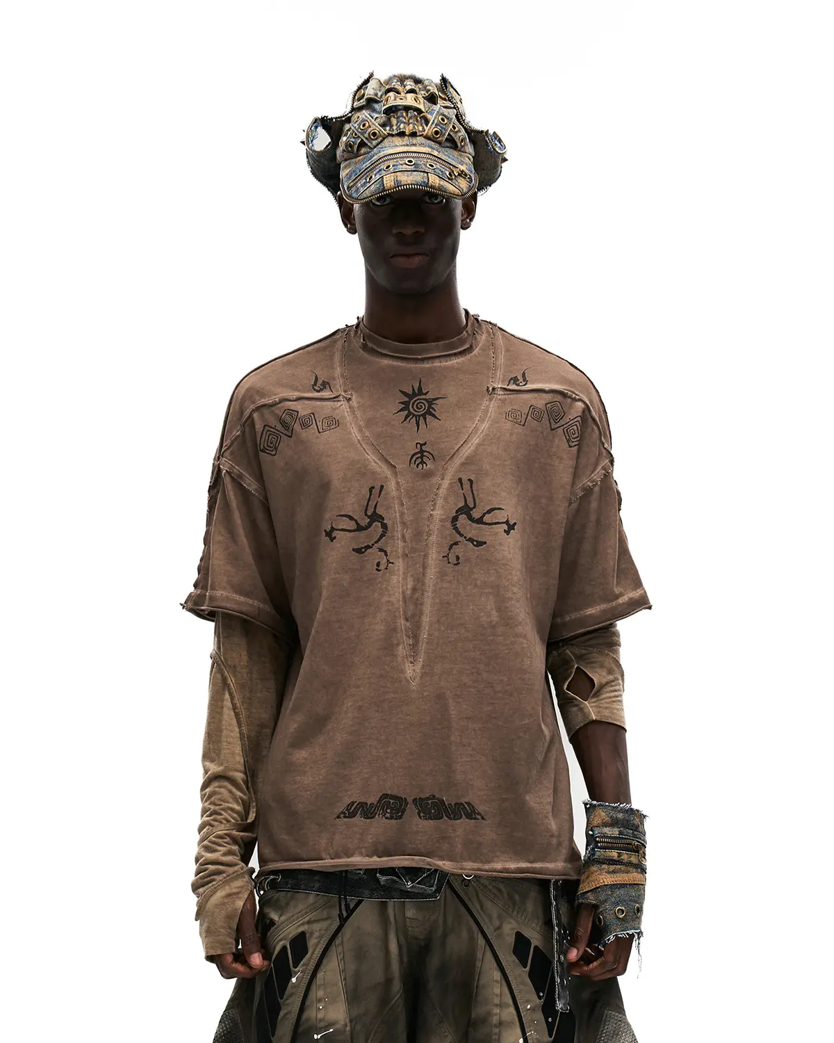 Personsoul Ancient Totem Earth-Tone Patchwork T-Shirt