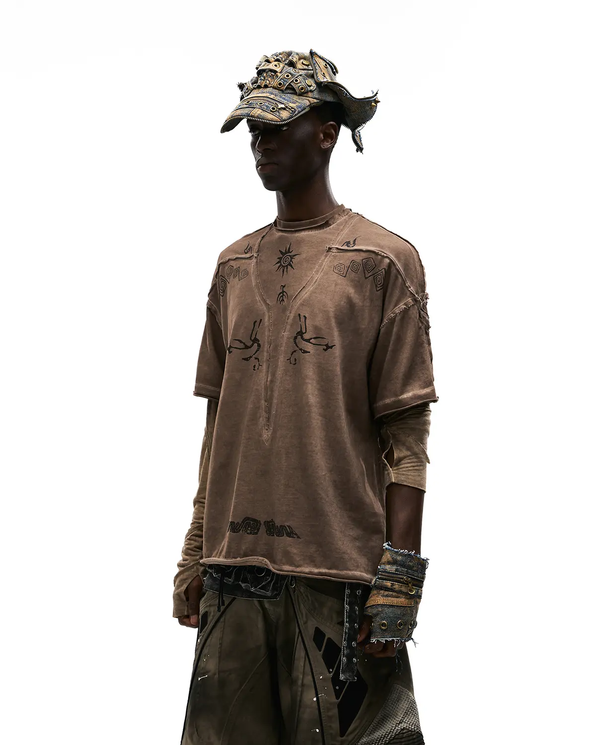 Personsoul Ancient Totem Earth-Tone Patchwork T-Shirt - Image 2