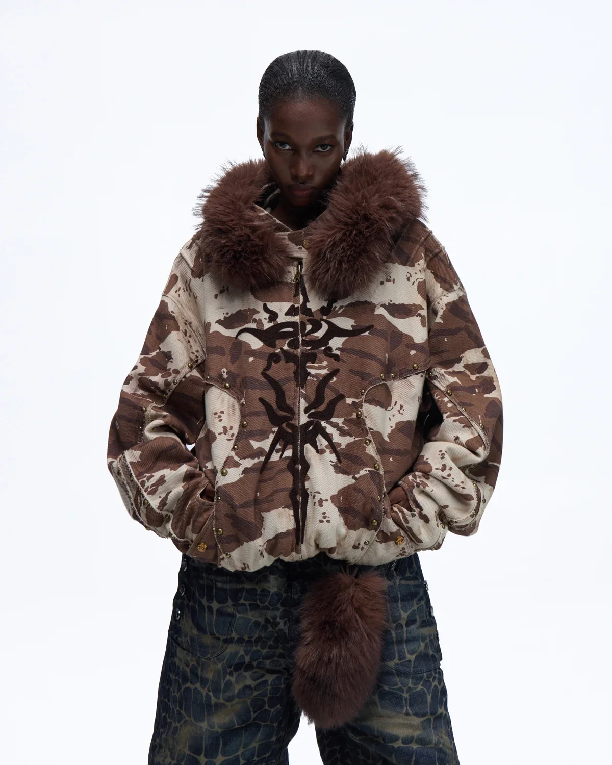 Personsoul Animal Print Hoodie with Fur-Lined Hood - Image 2