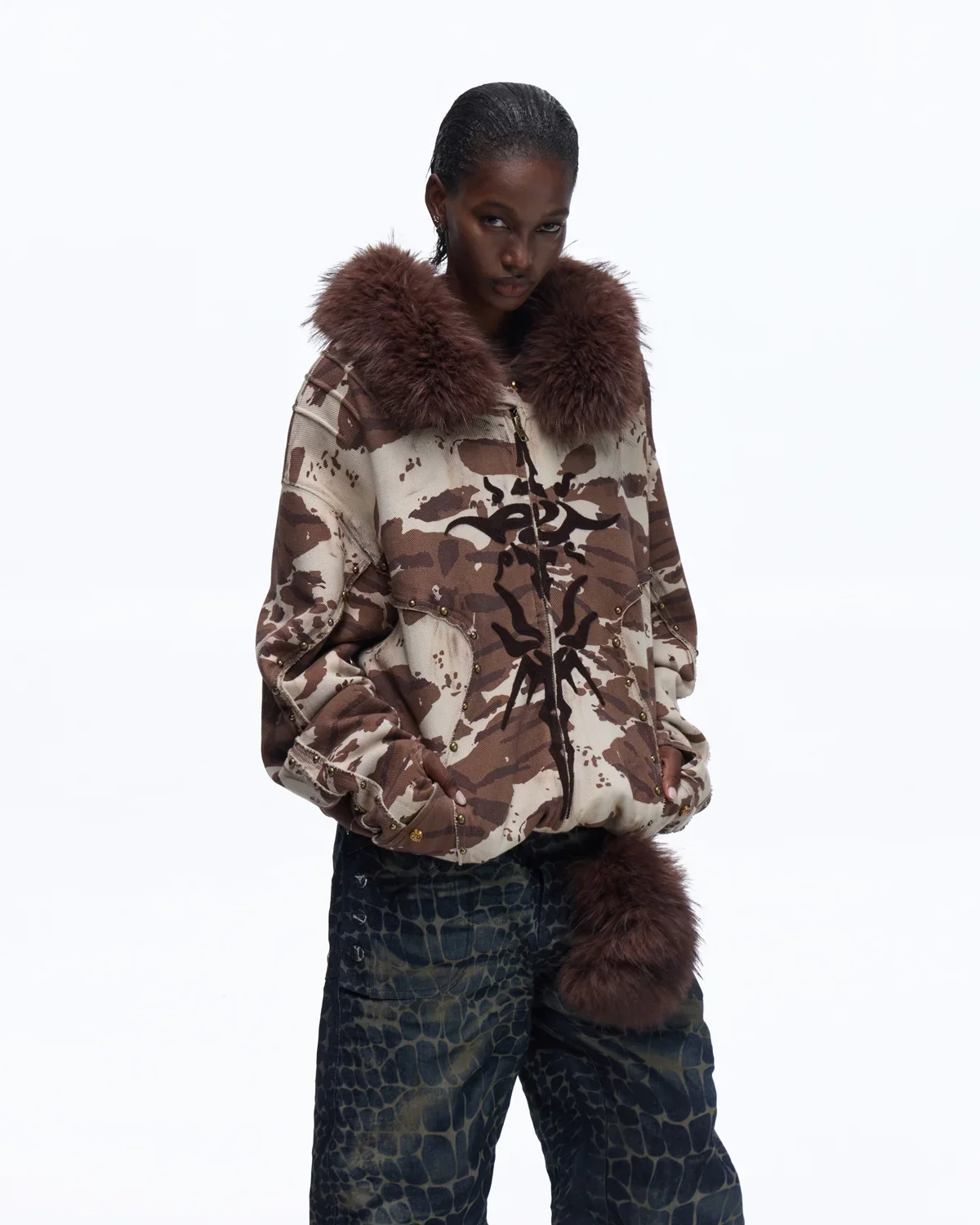 Personsoul Animal Print Hoodie with Fur-Lined Hood - Image 3