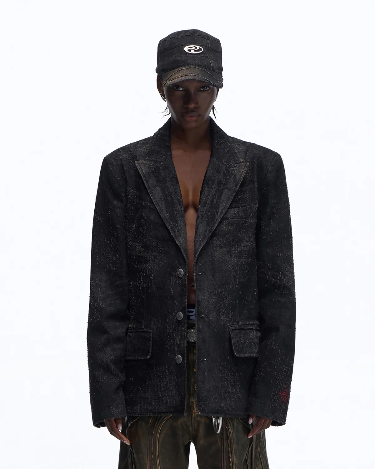 Personsoul Black Laser-Distressed Denim Blazer