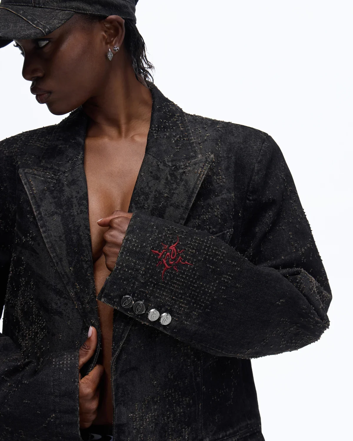 Personsoul Black Laser-Distressed Denim Blazer - Image 3