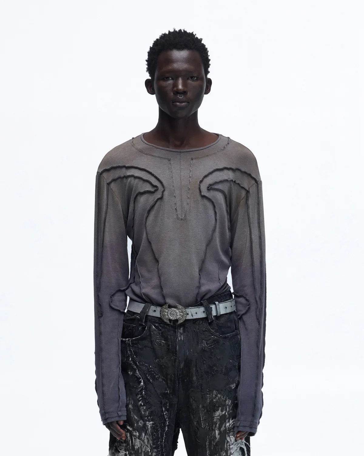 Personsoul Contrast Stitch Long Sleeve Top In Grey