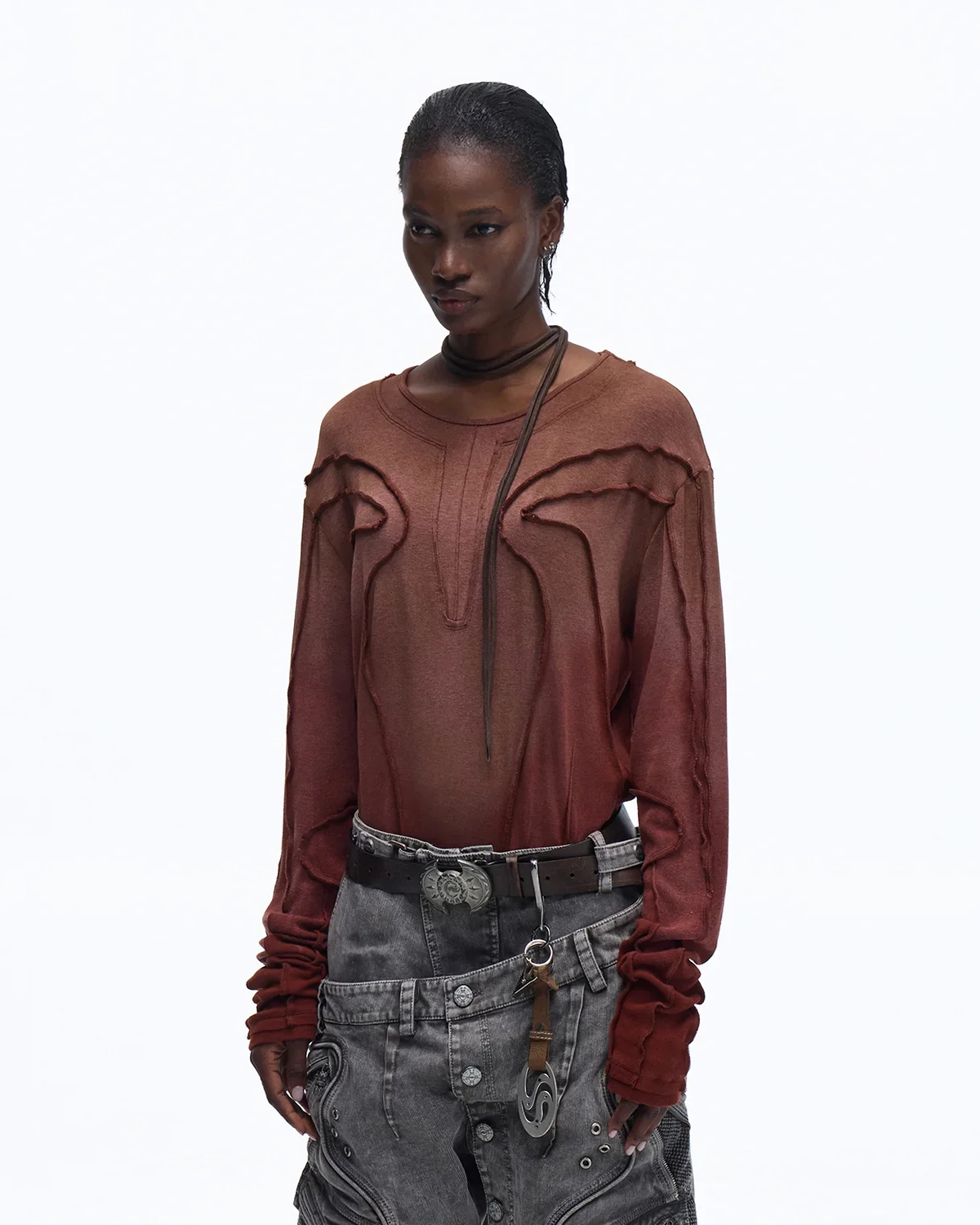 Personsoul Contrast Stitch Long Sleeve Top In Red - Image 2