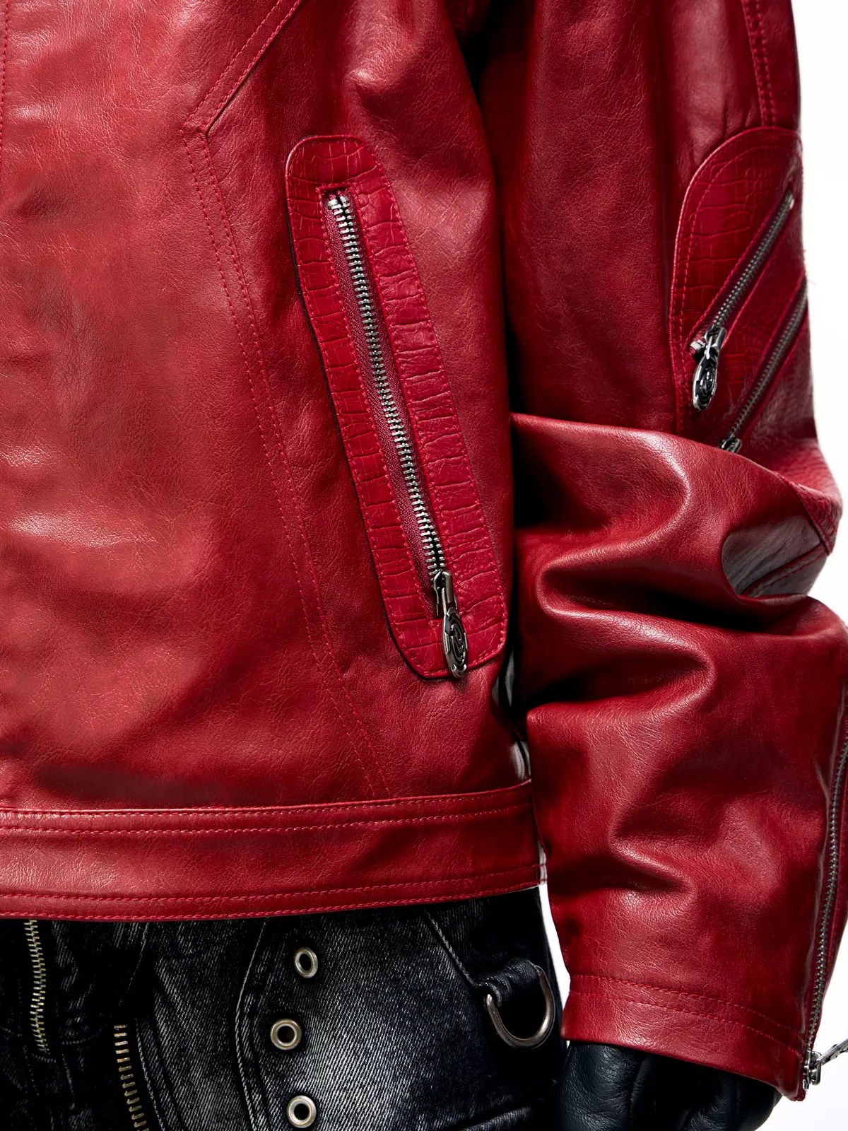 Personsoul Croc Effect Panel Leather Jacket - Image 5