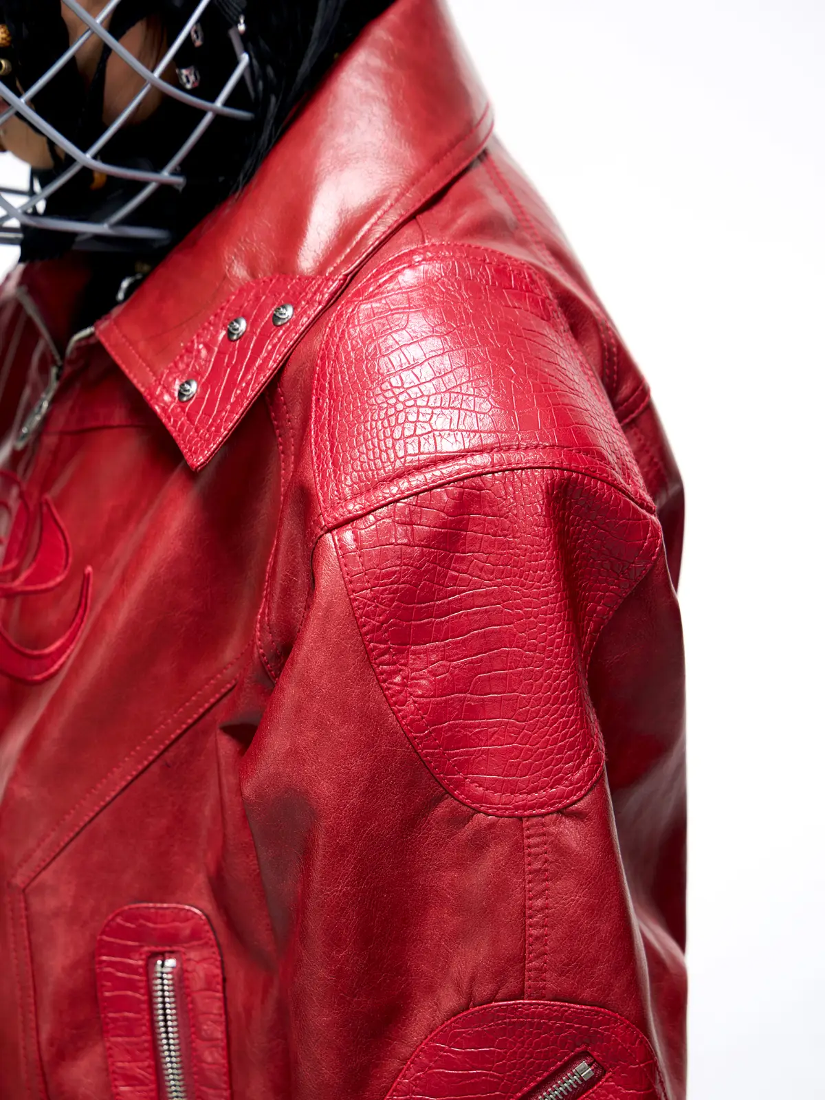 Personsoul Croc Effect Panel Leather Jacket - Image 6