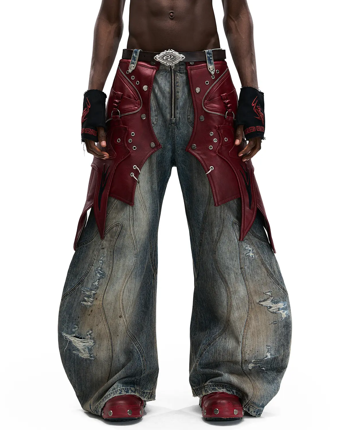 Personsoul Curved Denim Jeans with Detachable Leather Waist Strap