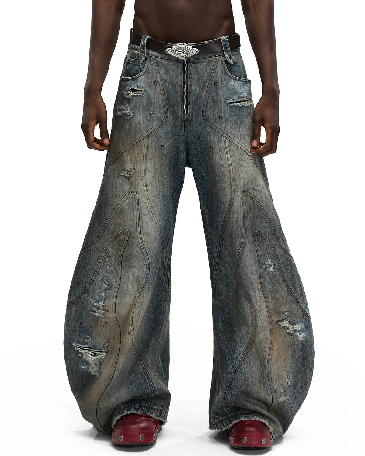 Personsoul Curved Denim Jeans with Detachable Leather Waist Strap - Image 2