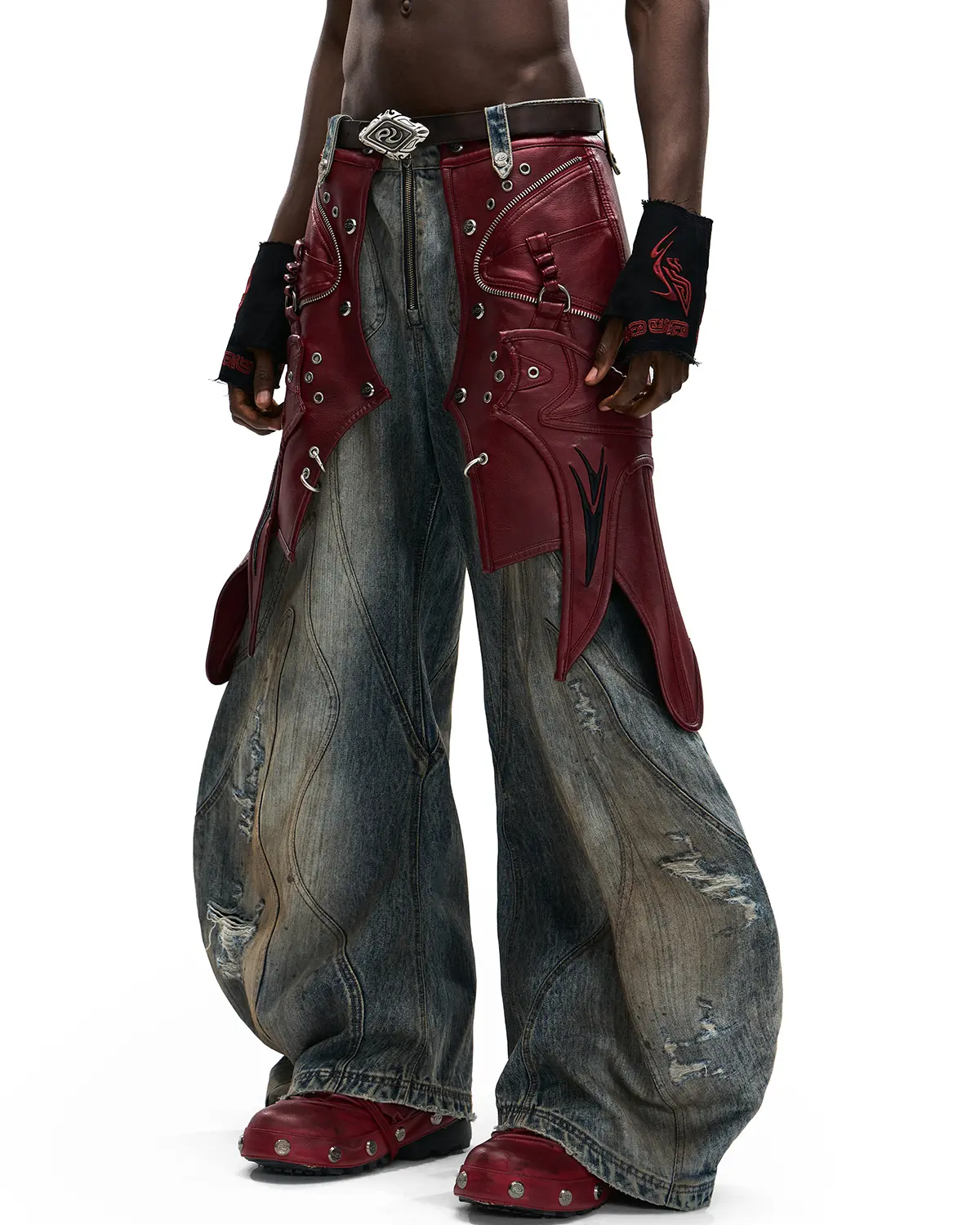 Personsoul Curved Denim Jeans with Detachable Leather Waist Strap - Image 3