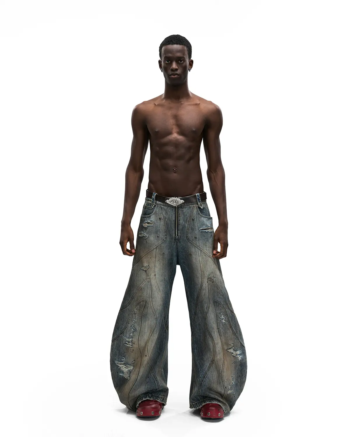 Personsoul Curved Denim Jeans with Detachable Leather Waist Strap - Image 9
