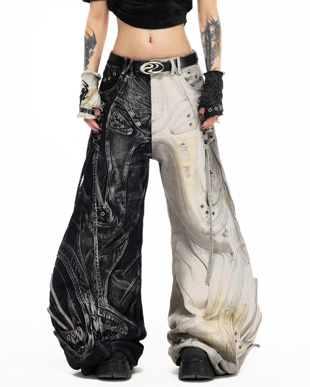 Personsoul Deconstructed Flared Patchwork Denim Jeans Yin-Yang Ver. (Random Color)