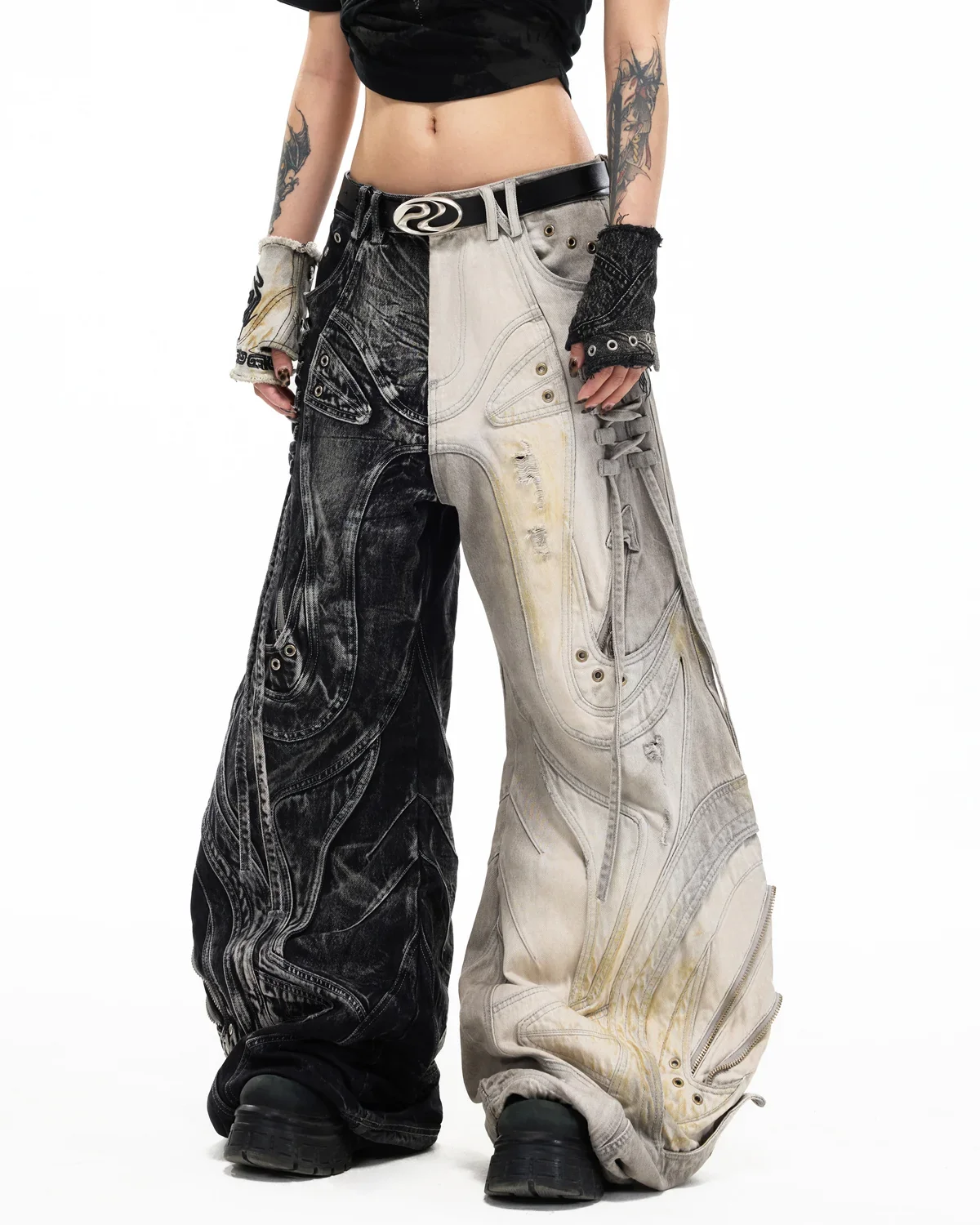 Personsoul Deconstructed Flared Patchwork Denim Jeans Yin-Yang Ver. (Random Color) - Image 2