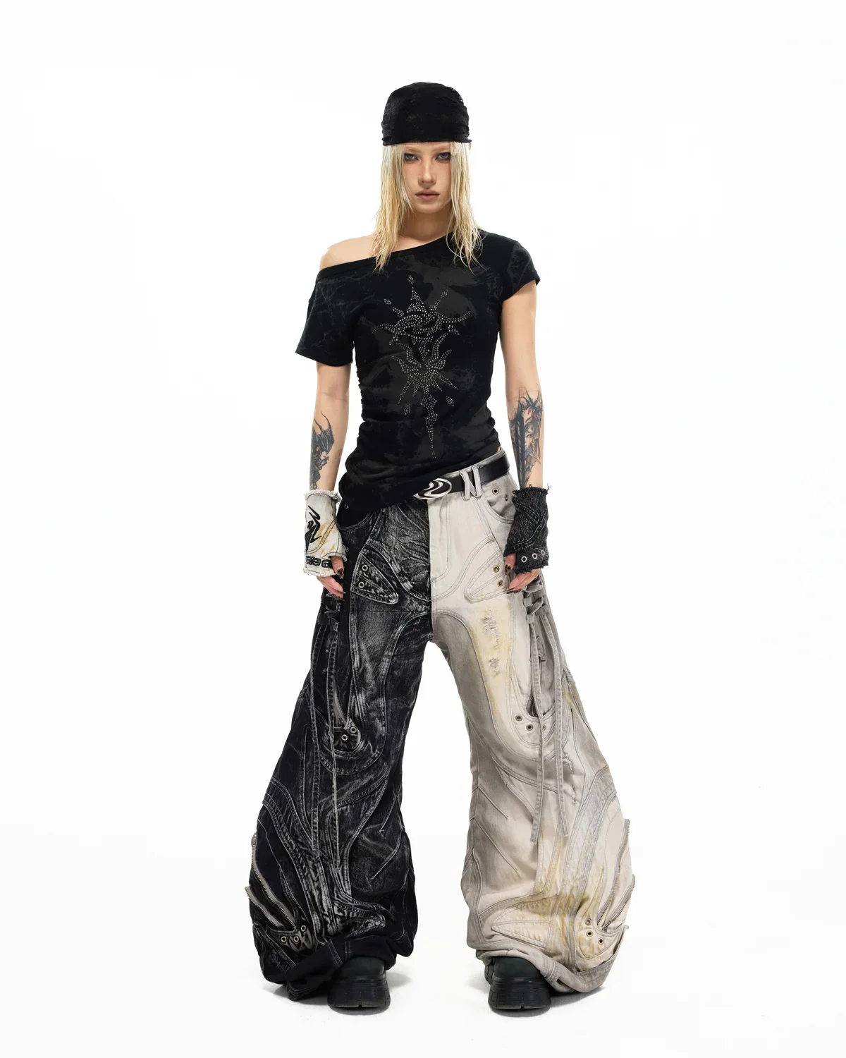 Personsoul Deconstructed Flared Patchwork Denim Jeans Yin-Yang Ver. (Random Color) - Image 4