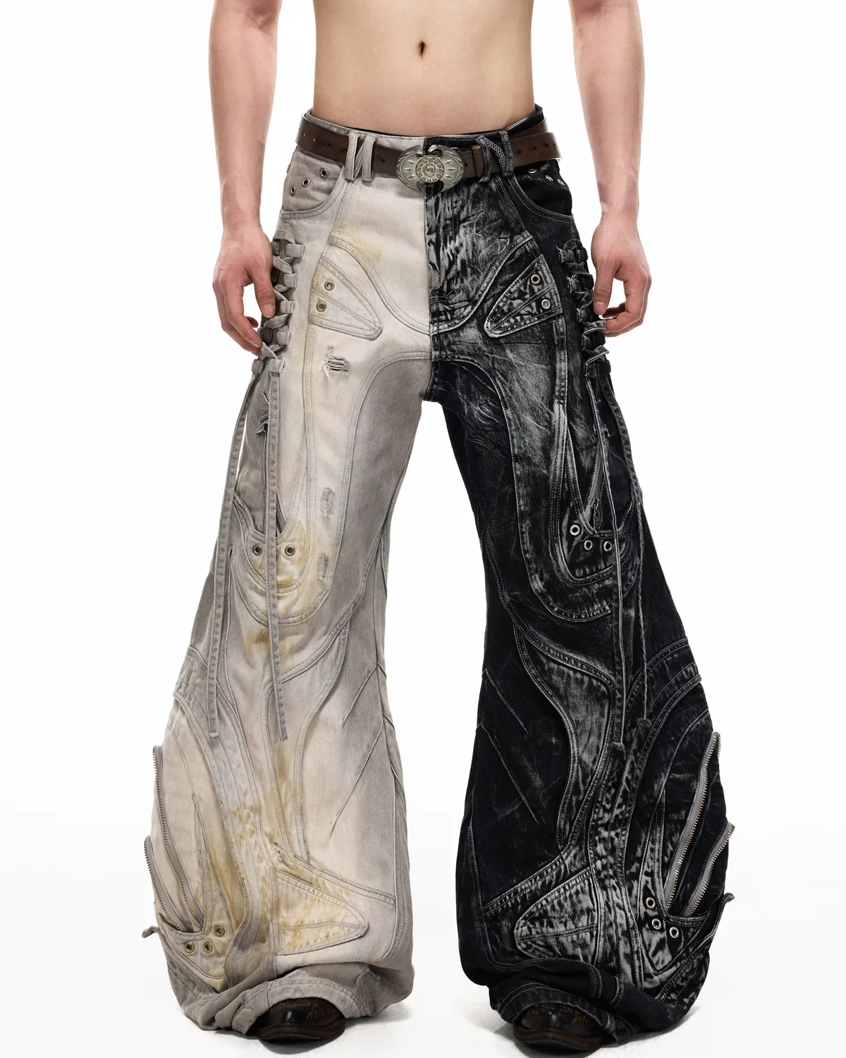 Personsoul Deconstructed Flared Patchwork Denim Jeans Yin-Yang Ver. (Random Color) - Image 9