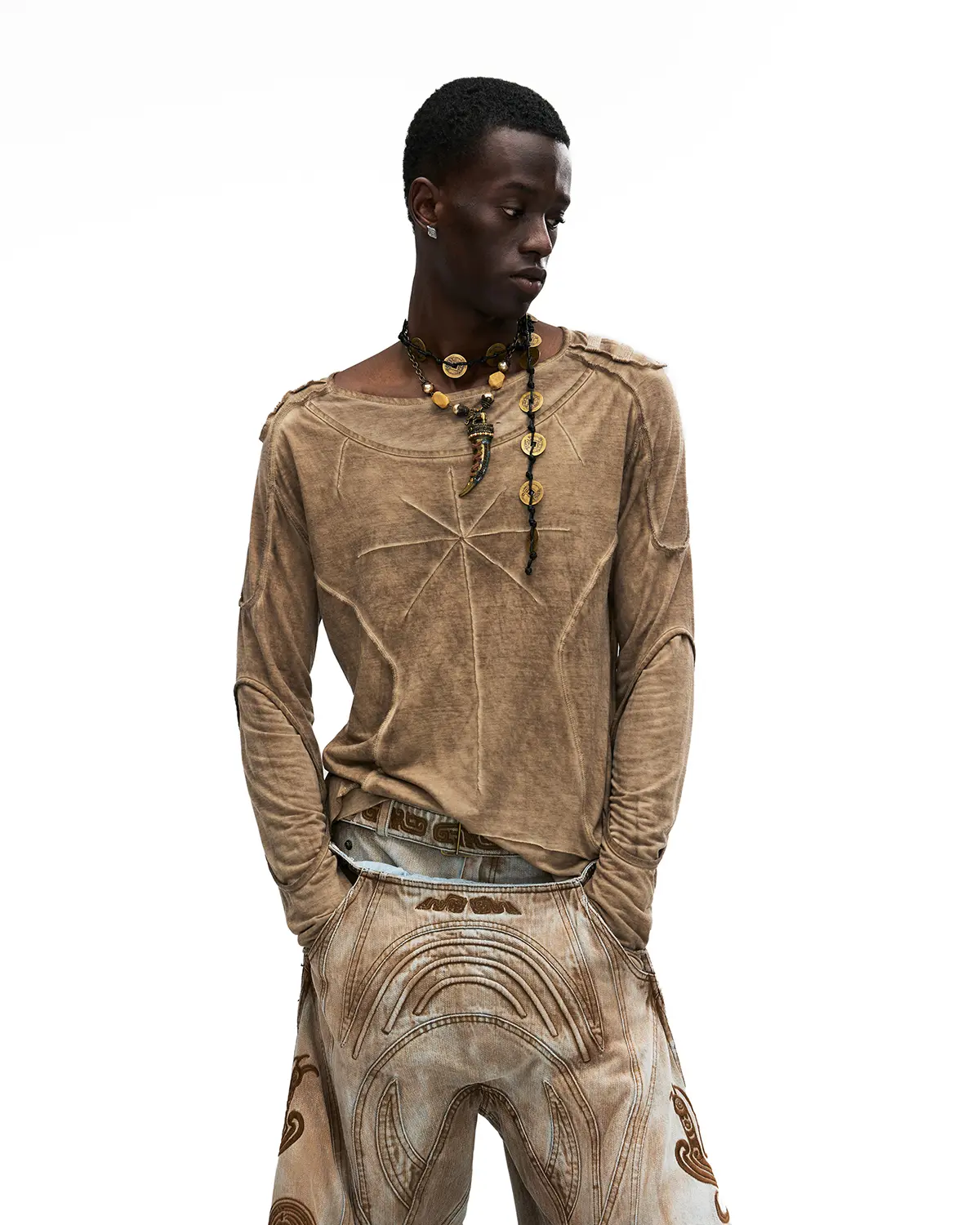 Personsoul Deconstructed Faux-Layer Long-Sleeve T-Shirt In Brown - Image 6
