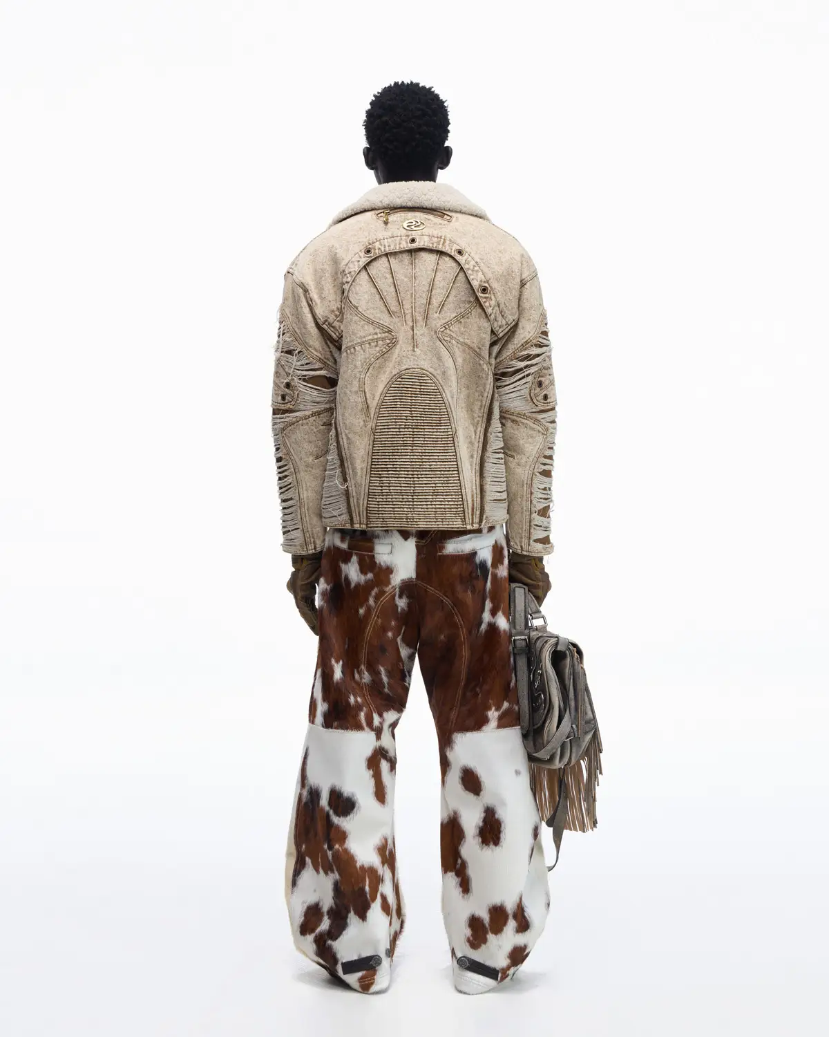 Personsoul Distressed Brown Denim Jacket with Faux-Fur Collar - Image 10