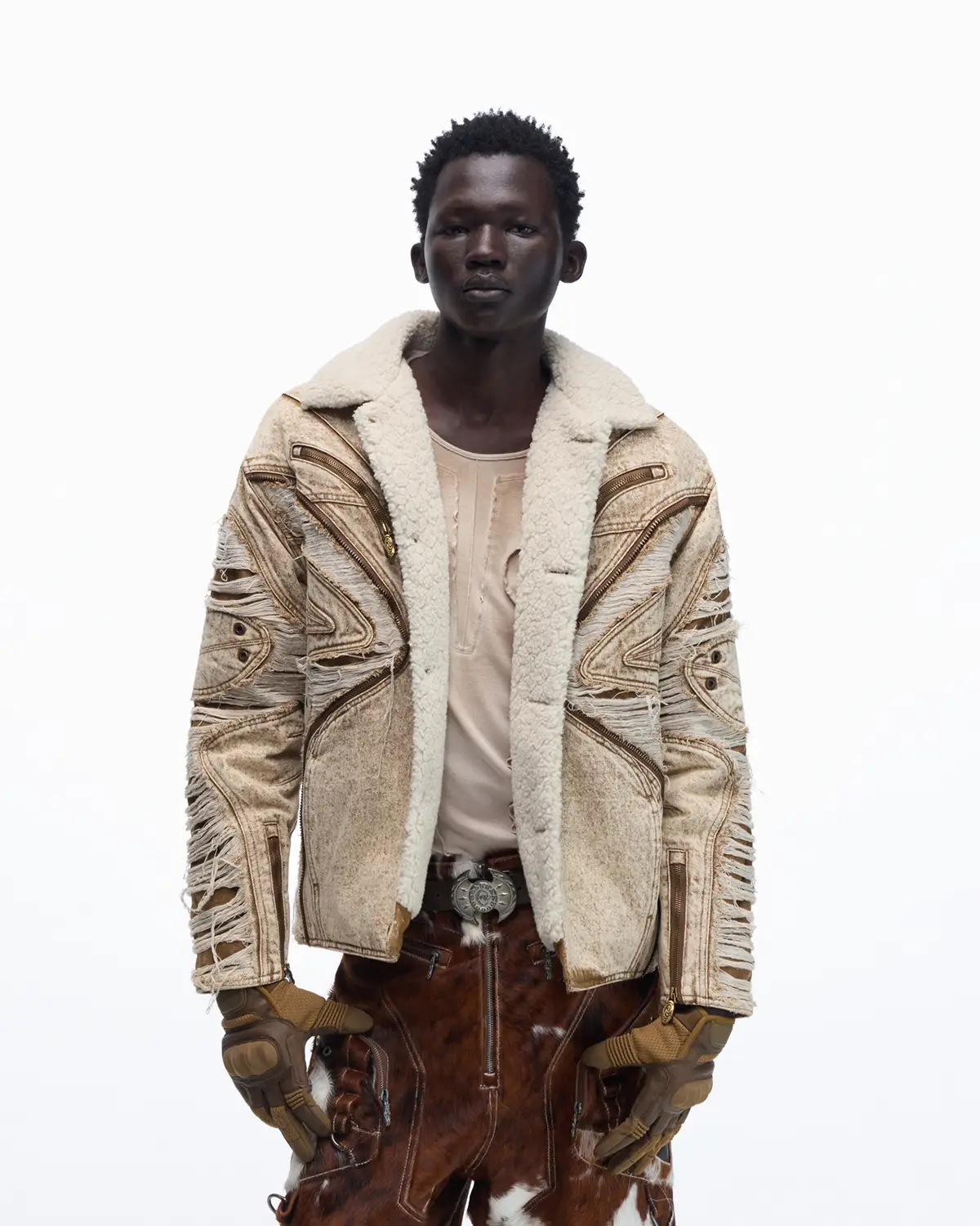 Personsoul Distressed Brown Denim Jacket with Faux-Fur Collar - Image 2