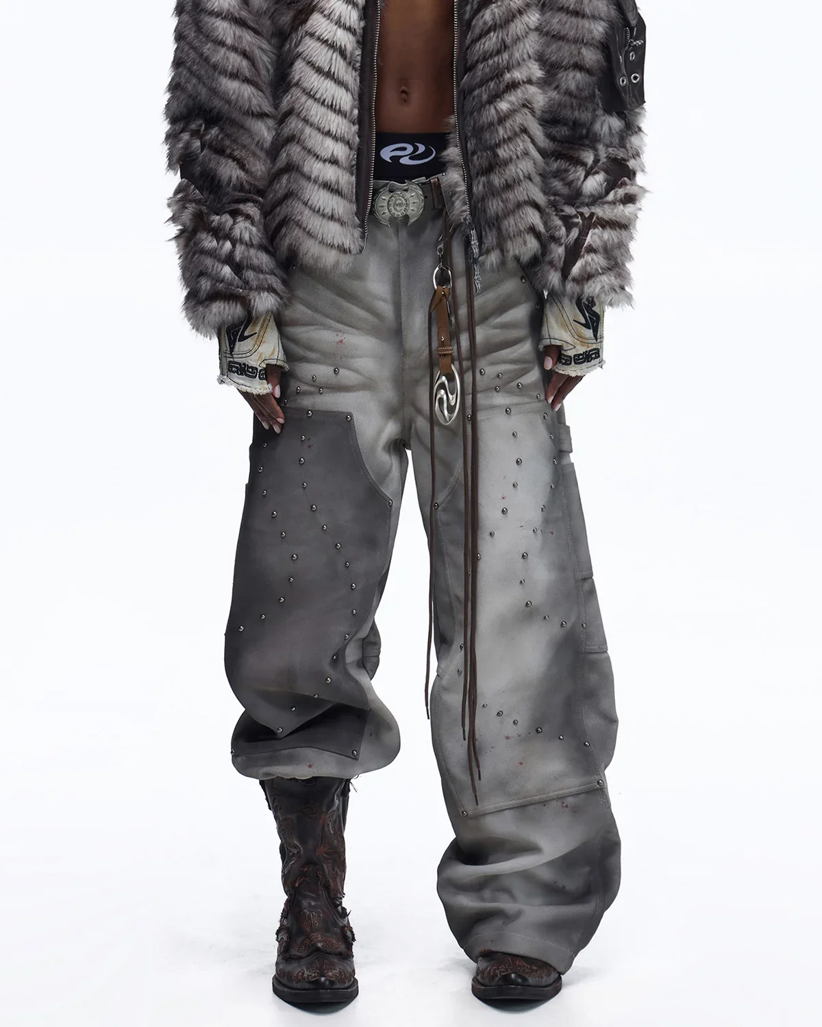 Personsoul Distressed Nubuck & Cowhide with Mushroom Studs Pants(Limited  100 pieces)