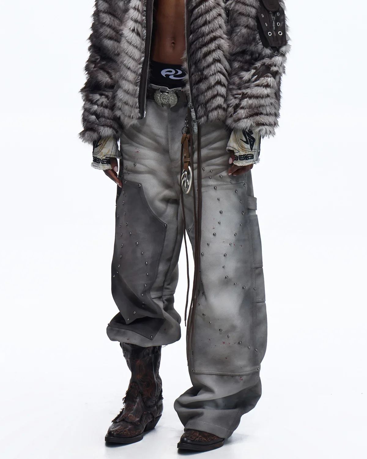 Personsoul Distressed Nubuck & Cowhide with Mushroom Studs Pants(Limited  100 pieces) - Image 2