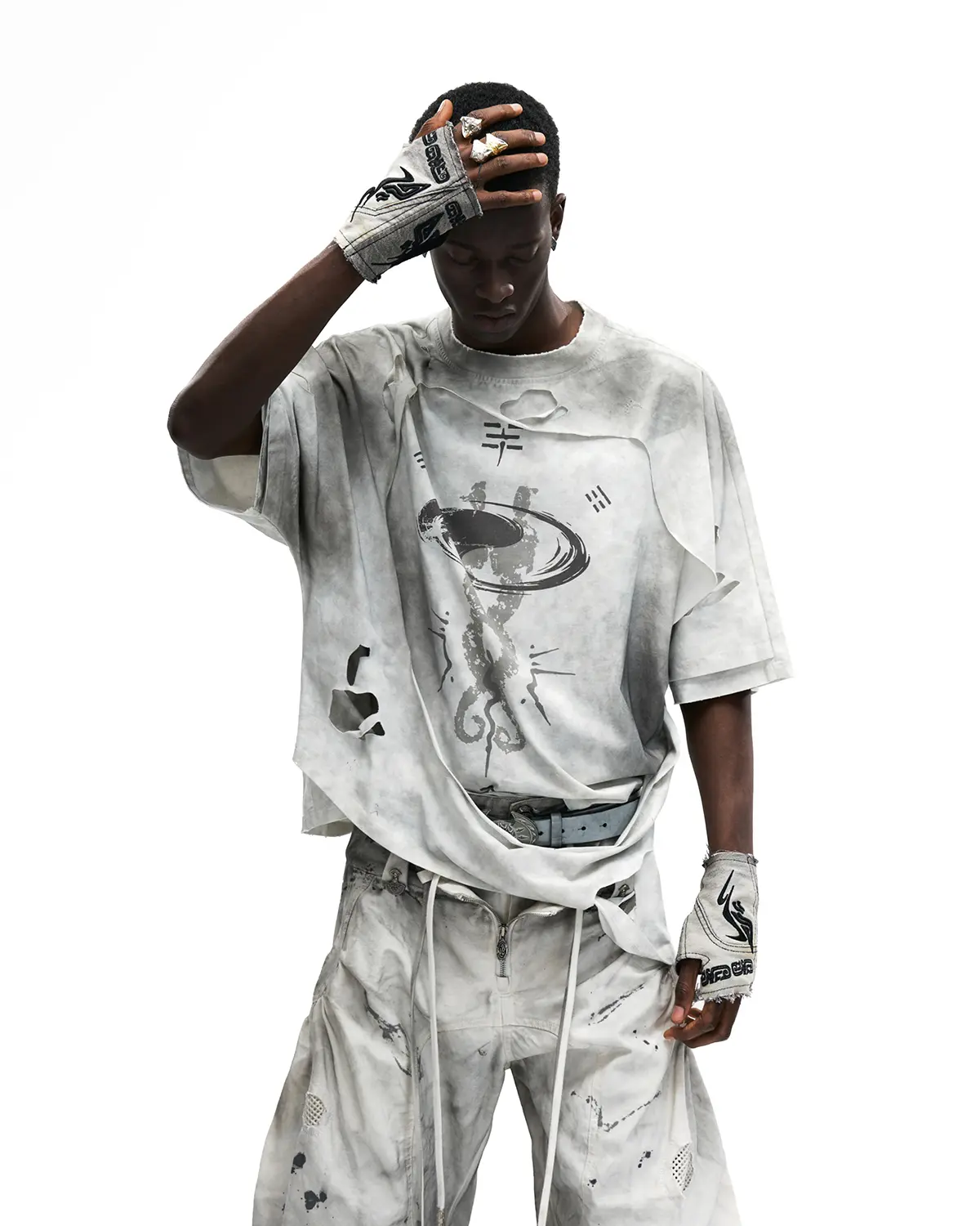 Personsoul Double-Layer Distressed Mythology Print T-Shirt White - Image 4