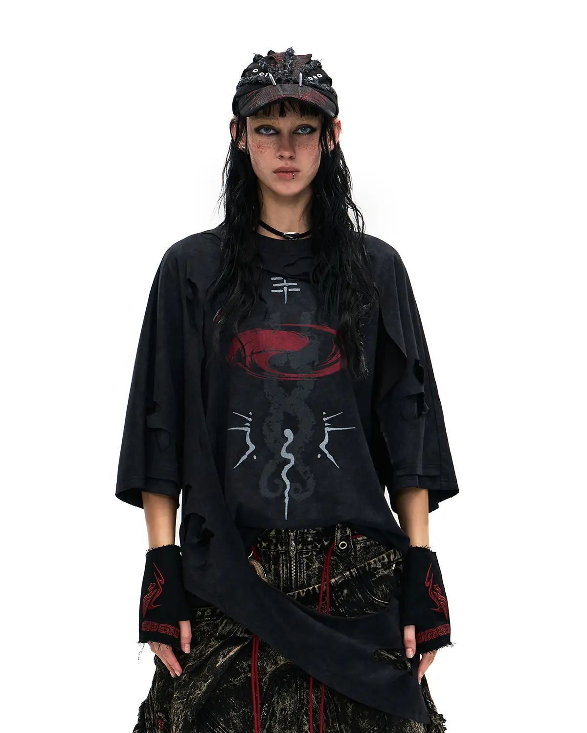 Personsoul Double-Layer Distressed Mythology Print T-Shirt Black