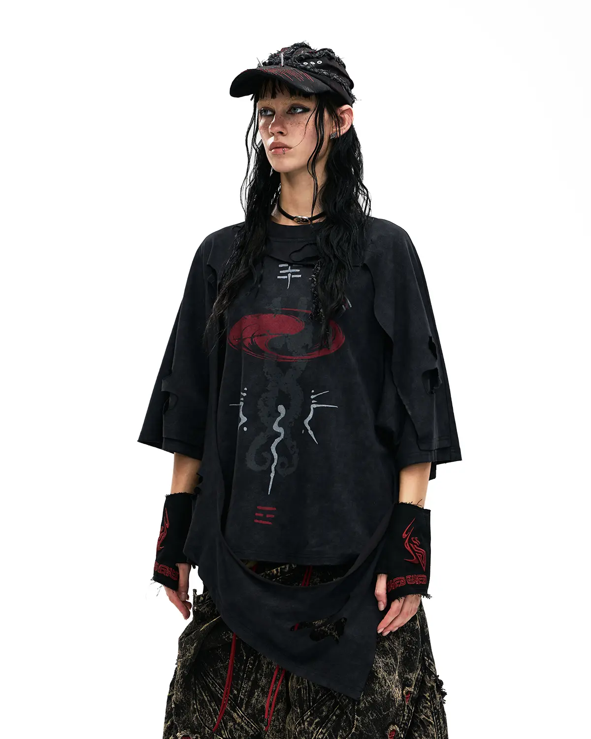Personsoul Double-Layer Distressed Mythology Print T-Shirt Black - Image 2