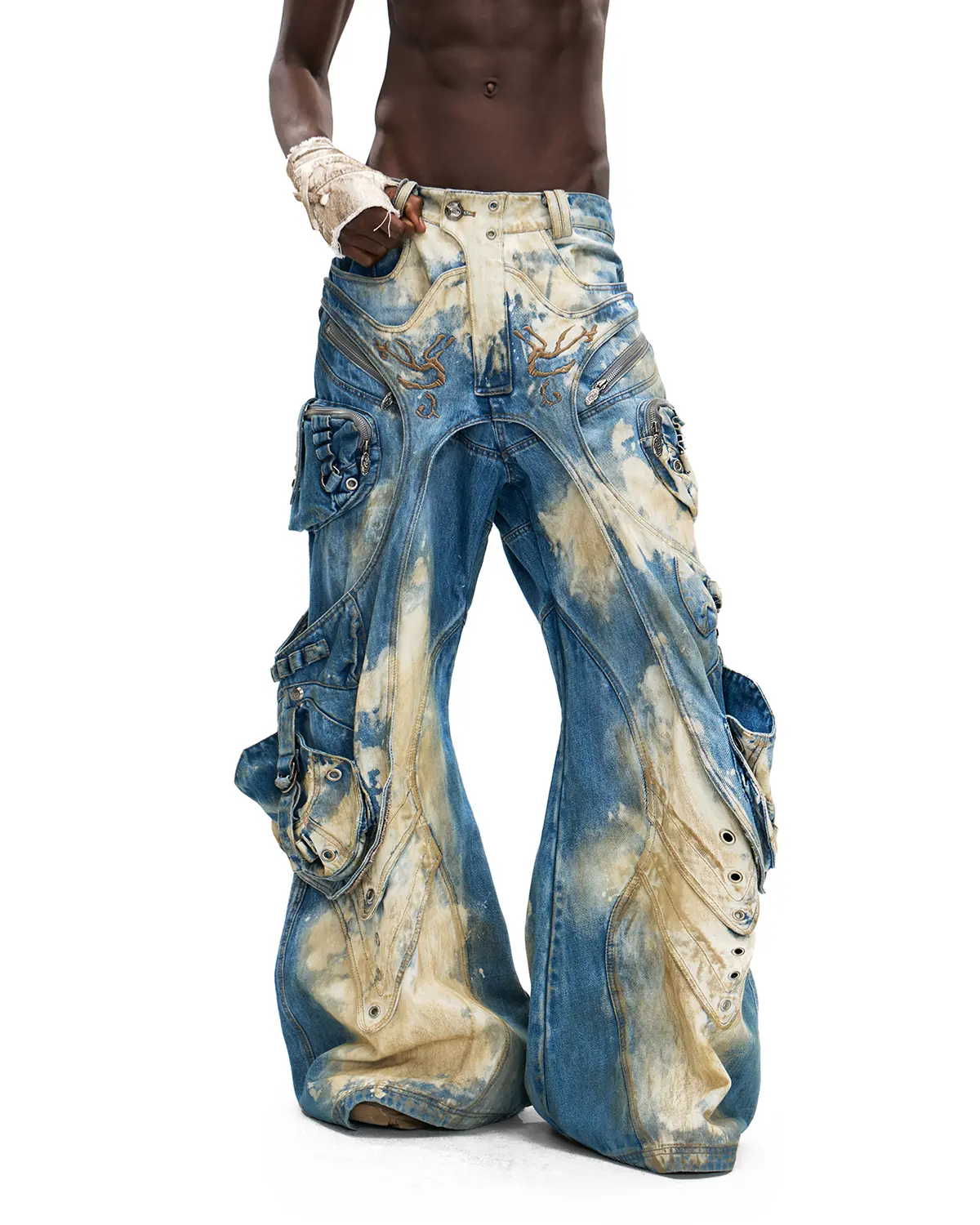 Personsoul Embroidered Blue-to-White Gradient Denim Jeans - Image 4