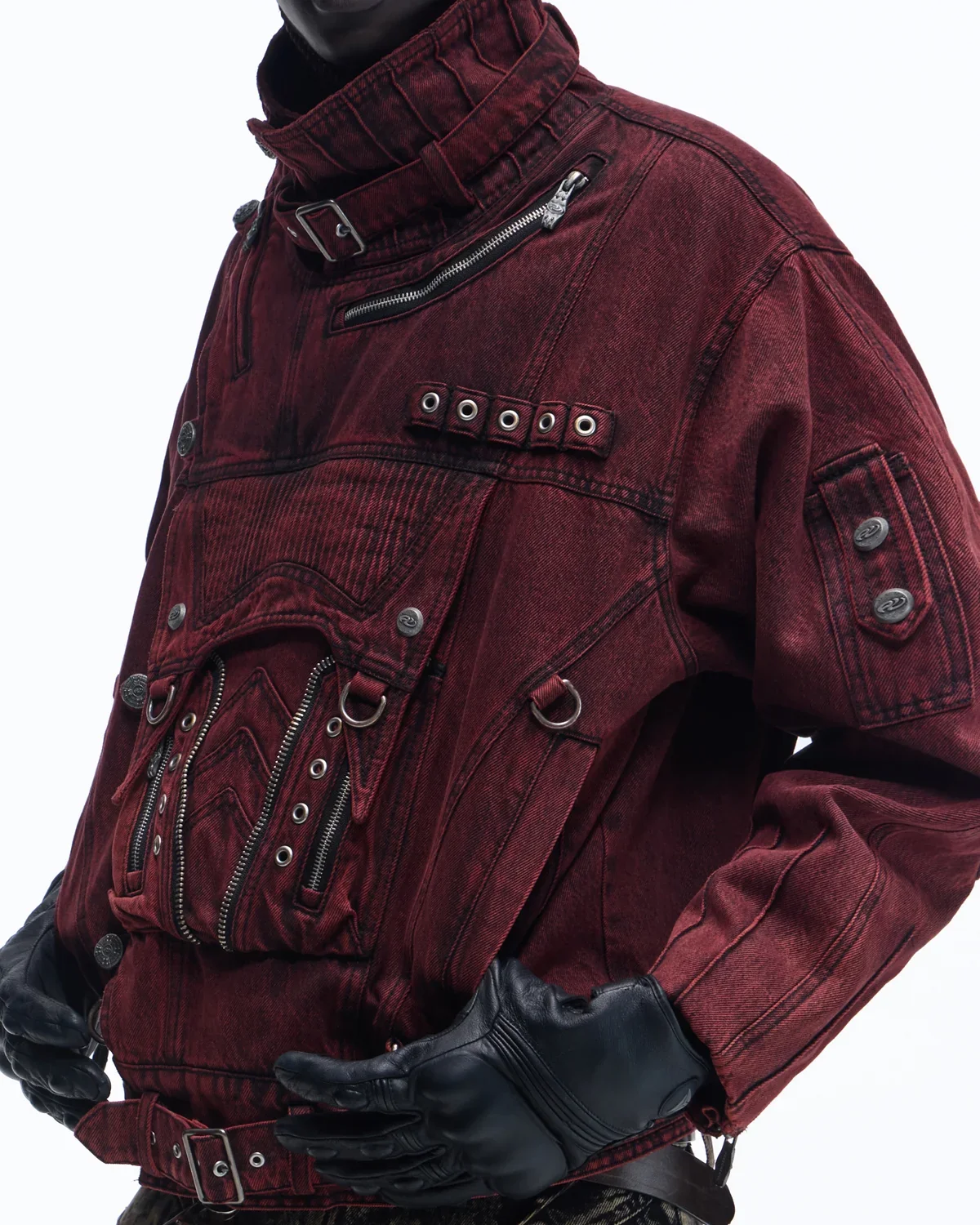 Personsoul Embroidered Stand-Collar Washed Denim Jacket - Image 4
