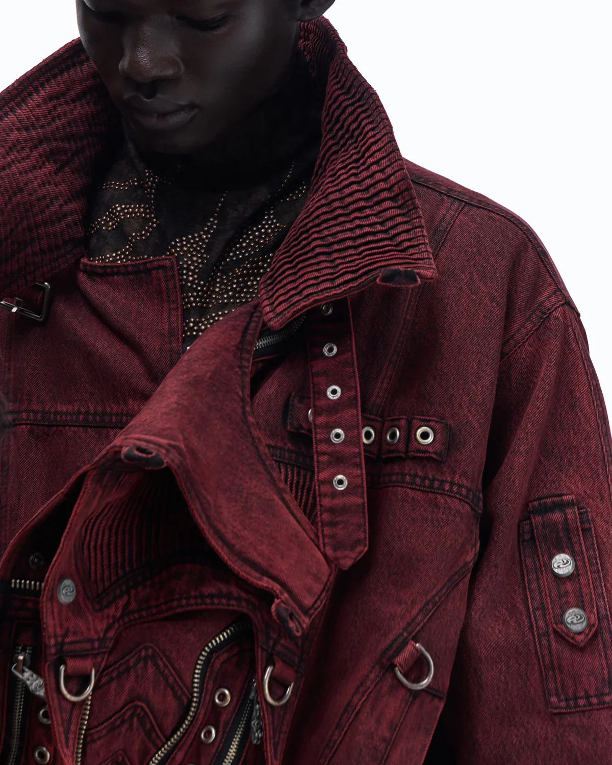 Personsoul Embroidered Stand-Collar Washed Denim Jacket - Image 5
