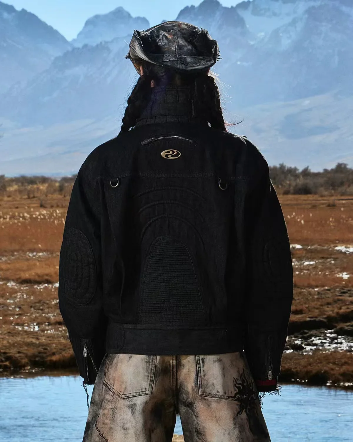 Personsoul Embroidered Stand-Collar Washed Denim Jacket In Black - Image 3