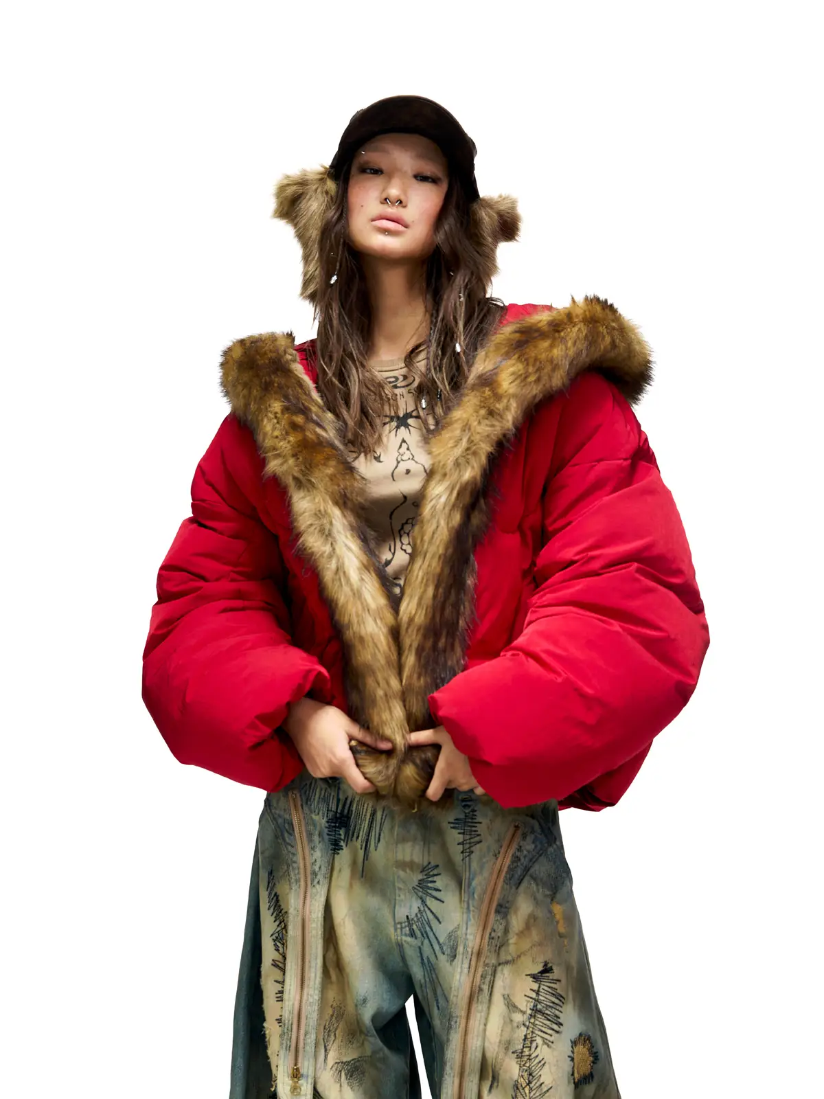 Personsoul Embroidery Fur Collar Down Jacket - Image 6