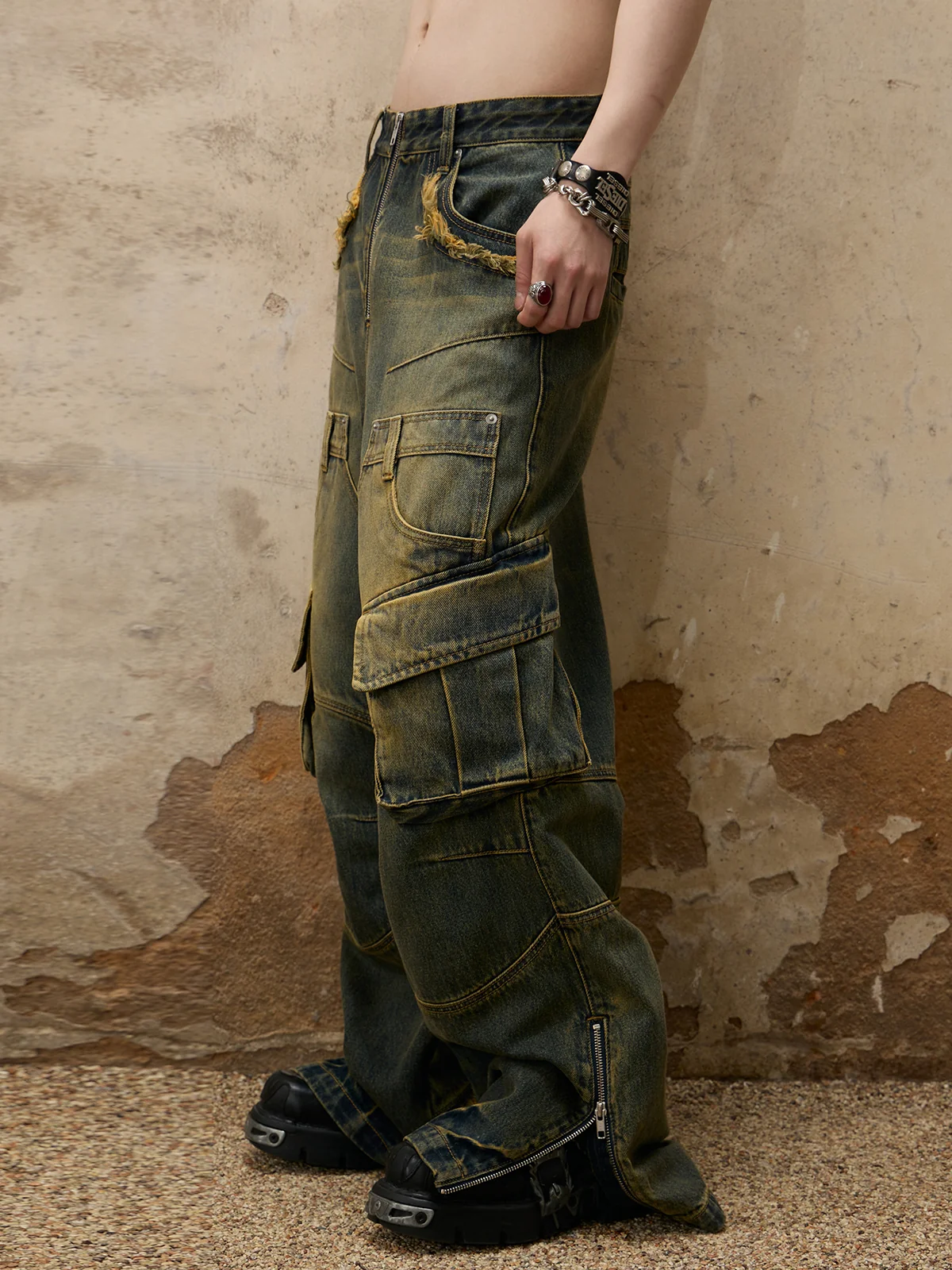 Personsoul Fade Wash Overall Denim Jeans - Image 3