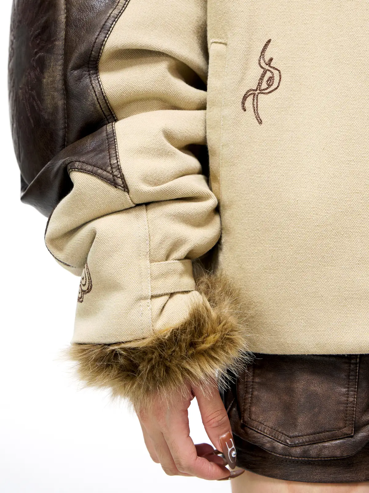Personsoul Leather Patchwork Cotton Jacket - Image 4