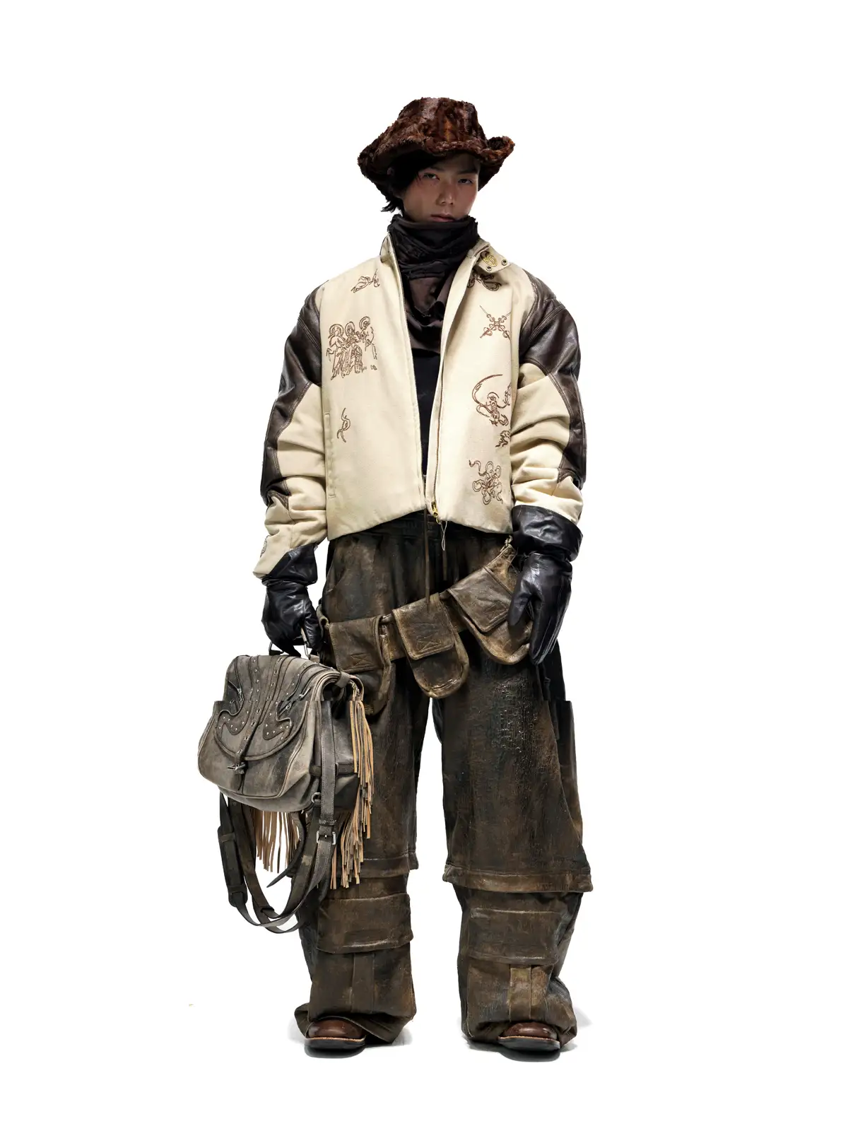 Personsoul Leather Patchwork Cotton Jacket - Image 9