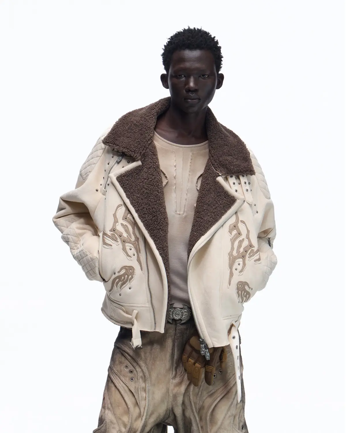 Personsoul Lightning Totem Stand Collar Jacket In White - Image 2
