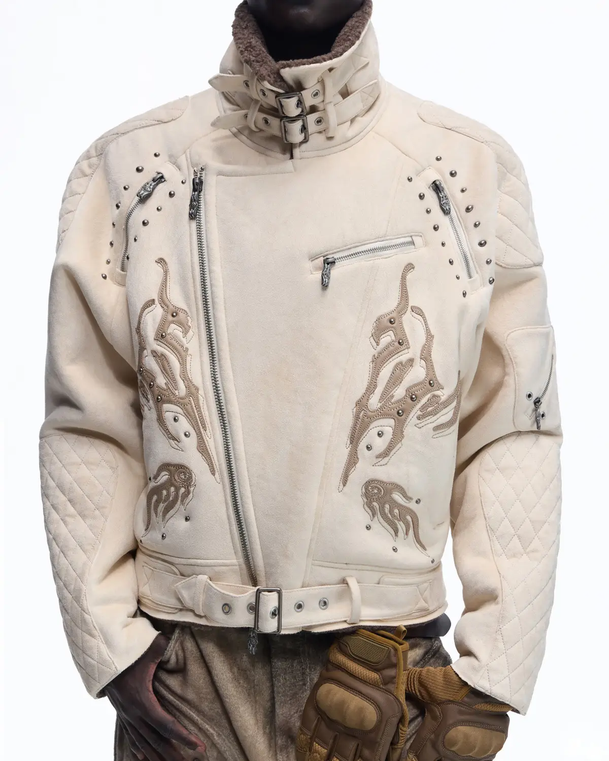 Personsoul Lightning Totem Stand Collar Jacket In White - Image 6