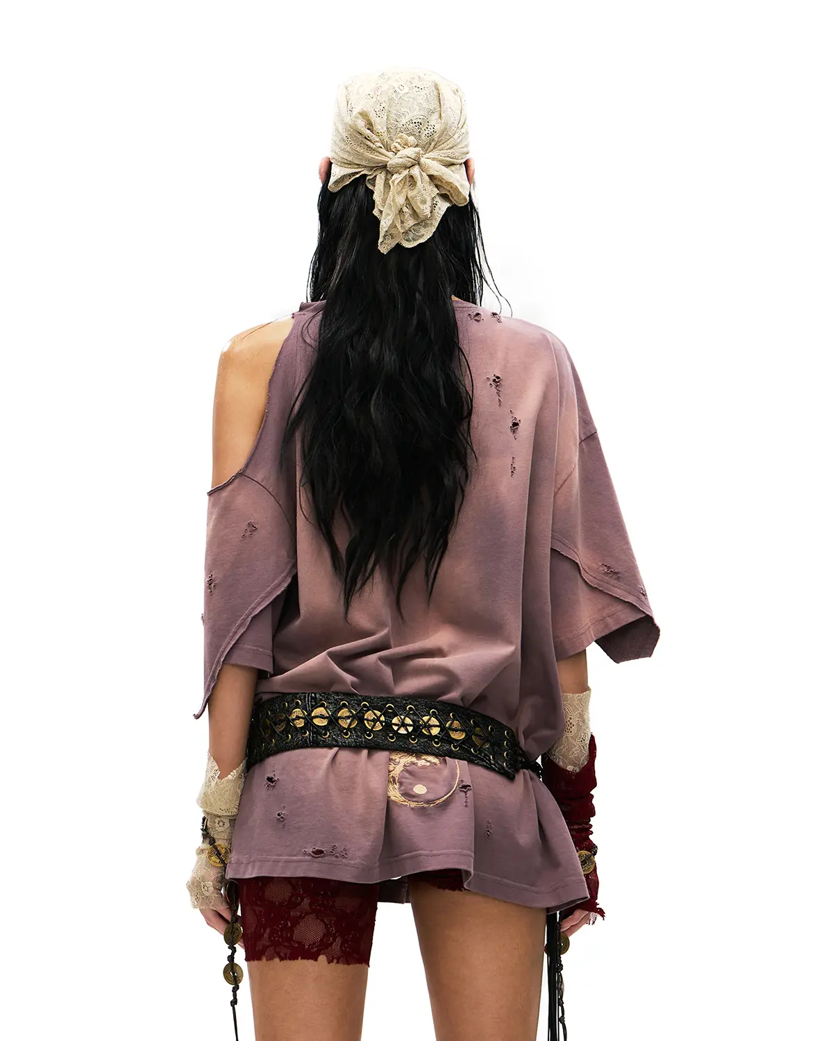 Personsoul Ink-Wash Distressed One-Shoulder T-Shirt Purple - Image 3