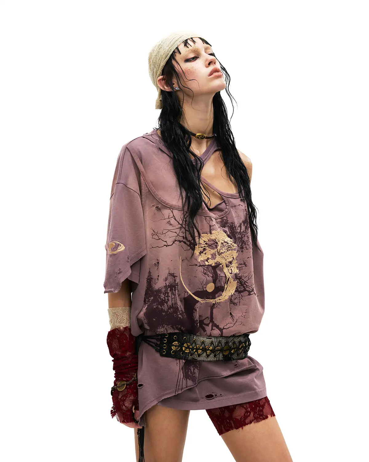 Personsoul Ink-Wash Distressed One-Shoulder T-Shirt Purple - Image 6