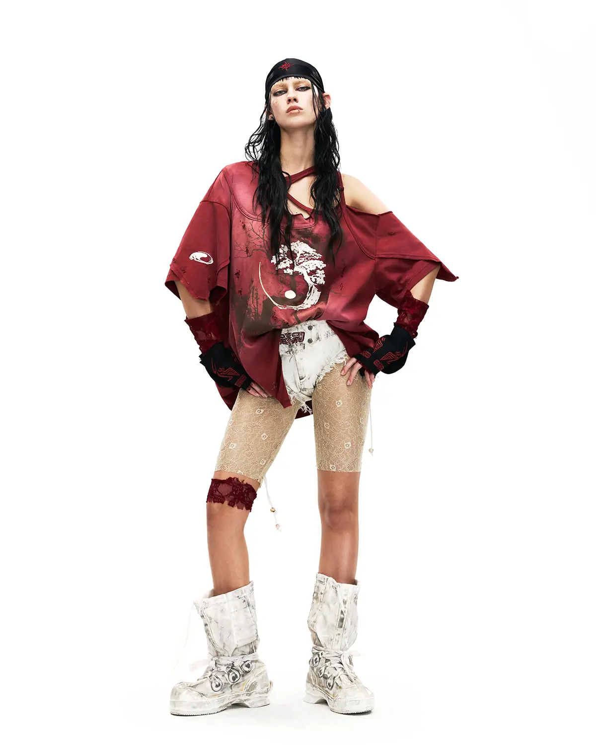 Personsoul Ink-Wash Distressed One-Shoulder T-Shirt Red - Image 11